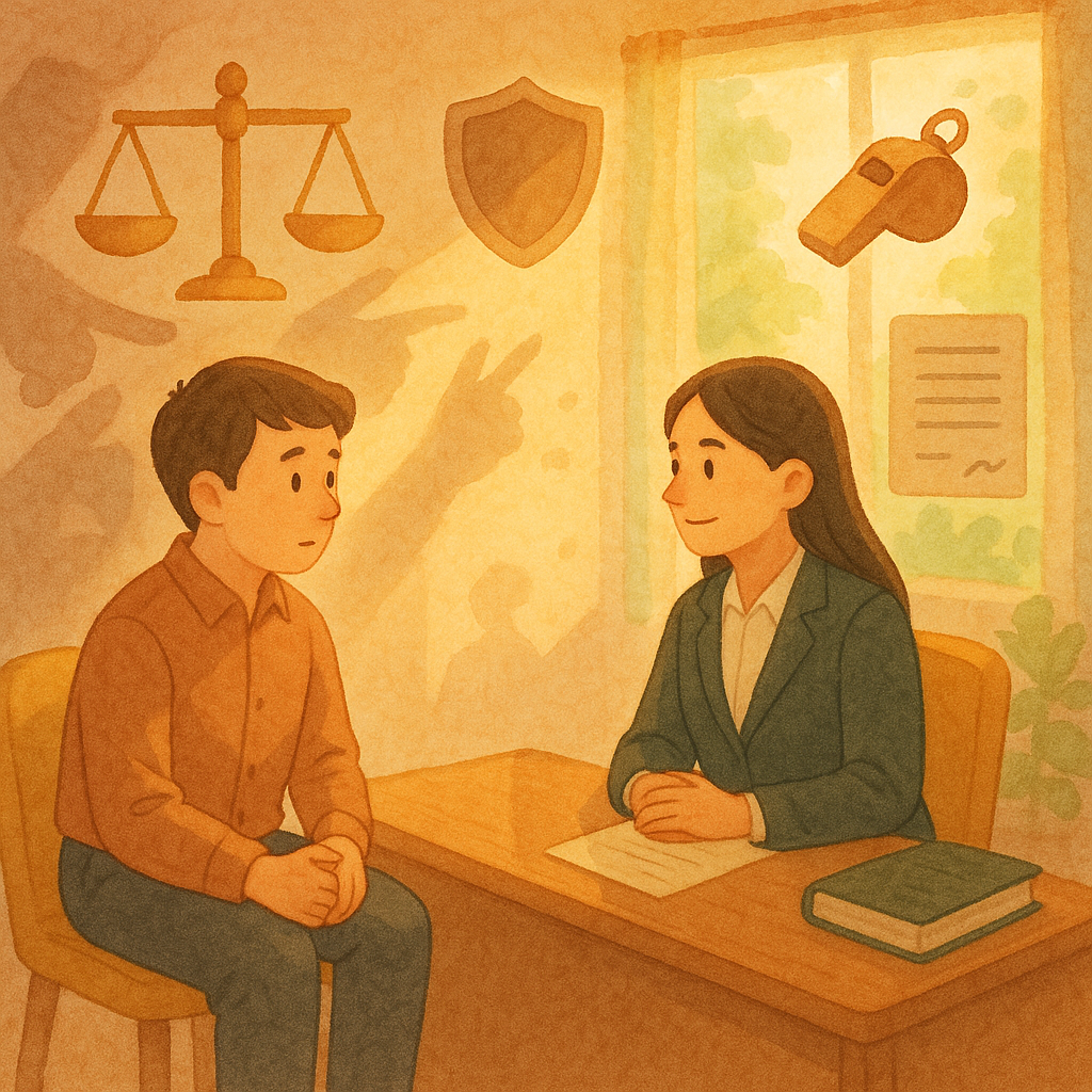 溫暖手繪動畫風格場景：台灣上班族在柔光灑落的諮詢室與台灣律師對坐，旁邊漂浮天平、盾牌、哨子與合約圖示；窗外綠意與微光營造童話般氛圍，陰影化作指指點點的身影象徵職場霸凌，無文字。