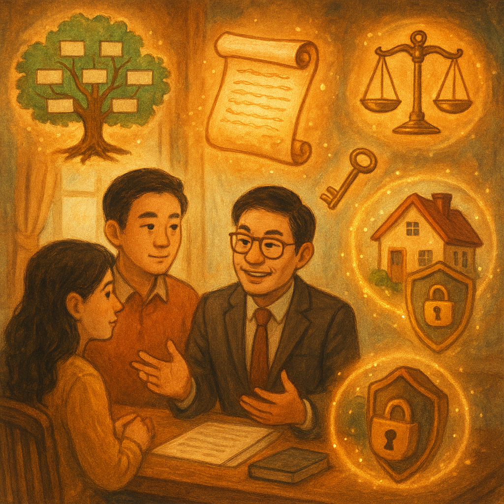 暖色自然光下,台灣人律師與家屬諮詢;周圍漂浮家族樹、發光遺囑卷軸、天秤、鑰匙與房屋模型,鎖與盾牌環繞資產形成柔和魔法屏障,手繪質感、溫馨奇幻的電影感。