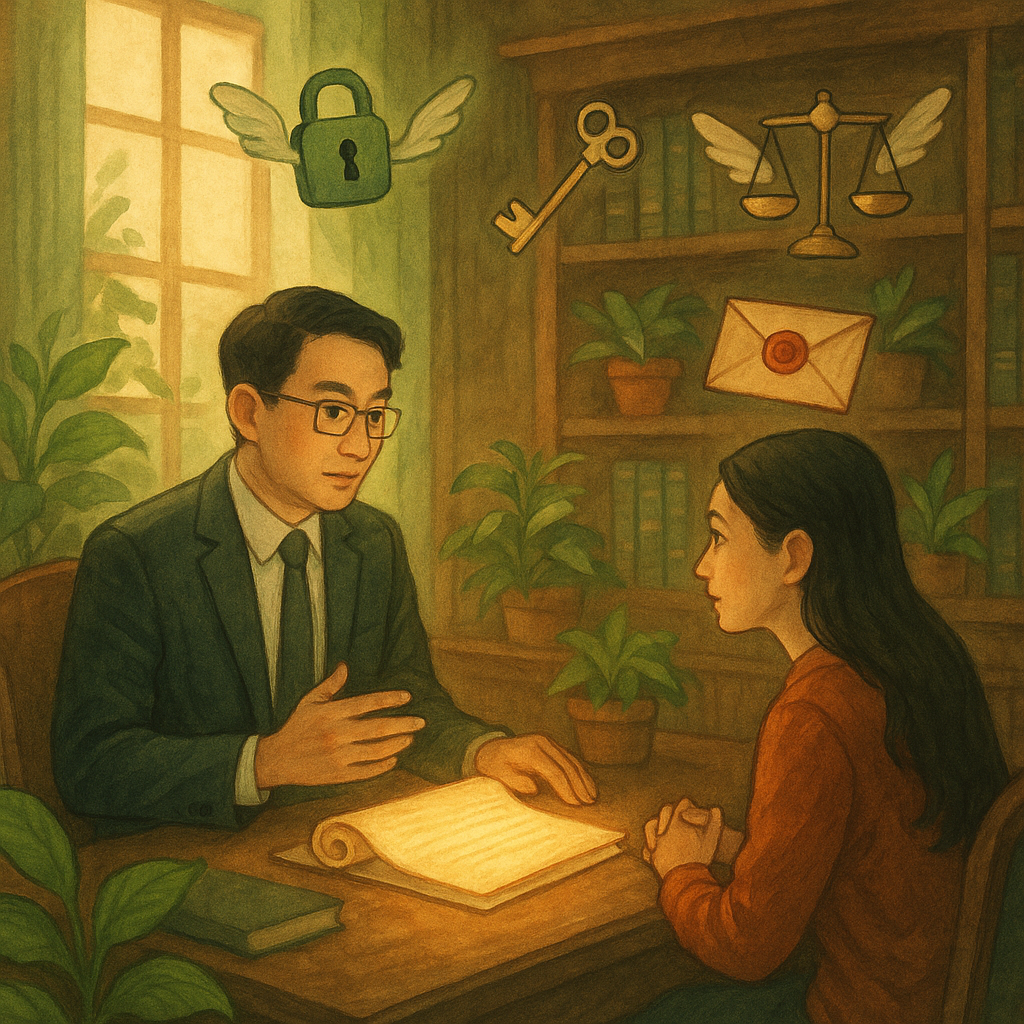 柔光灑入的木質律所內，台灣律師與當事人專注對談；周圍漂浮鎖、鑰、天秤與封蠟信封化作精靈，守護發光卷宗，苔綠植栽與手繪質感營造溫暖奇幻的洩密罪諮詢場景。