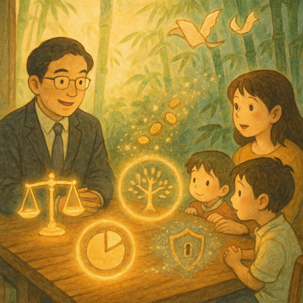 柔和晨光下,台灣律師與年輕家庭圍坐木桌諮詢,桌上漂浮發光的天秤、家譜樹與被光暈圈起的圓餅切片,金幣與稅霧化作微光流,盾牌鎖象徵控管;背景竹林與紙卷化為小精靈飛舞,手繪質感、吉卜力式奇幻溫暖,無任何文字。