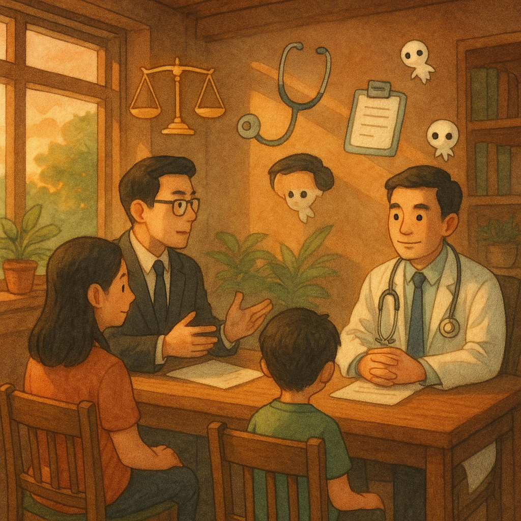 吉卜力式溫暖手繪風：暮色自然光灑入木質諮詢室，台灣人醫師與律師對坐交流，神情專業而溫暖，陪同一戶台灣人家長。空中漂浮象徵性圖像：天平、聽診器、病歷夾、護盾與小精靈，細膩質感、無文字。