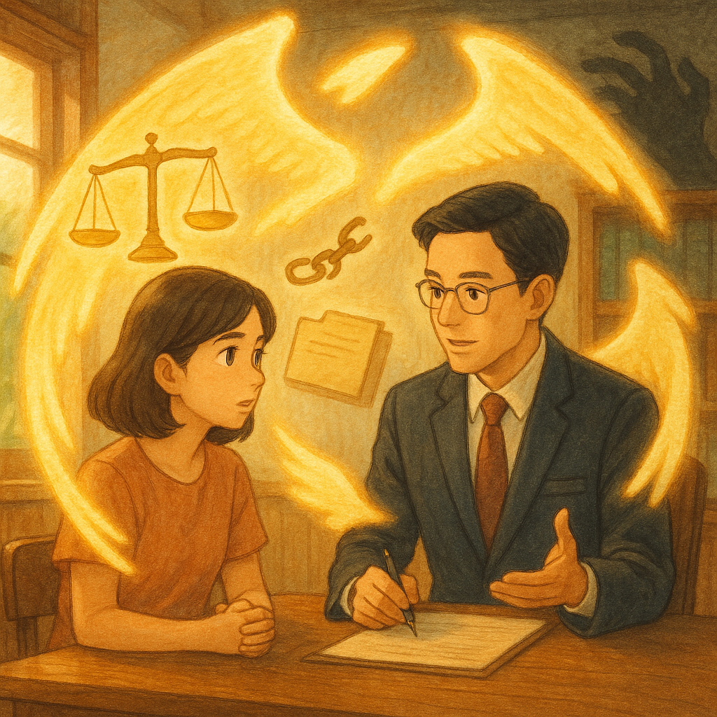 吉卜力風格高解析插畫:溫暖自然光下,台灣女性當事人與台灣男律師在木質事務所對談,天光化作護翼環繞;天平、破裂鎖鏈與檔案化為漂浮符號,暗影巨手在遠處退散。細膩手繪質感、柔色、魔幻寫實、無文字。