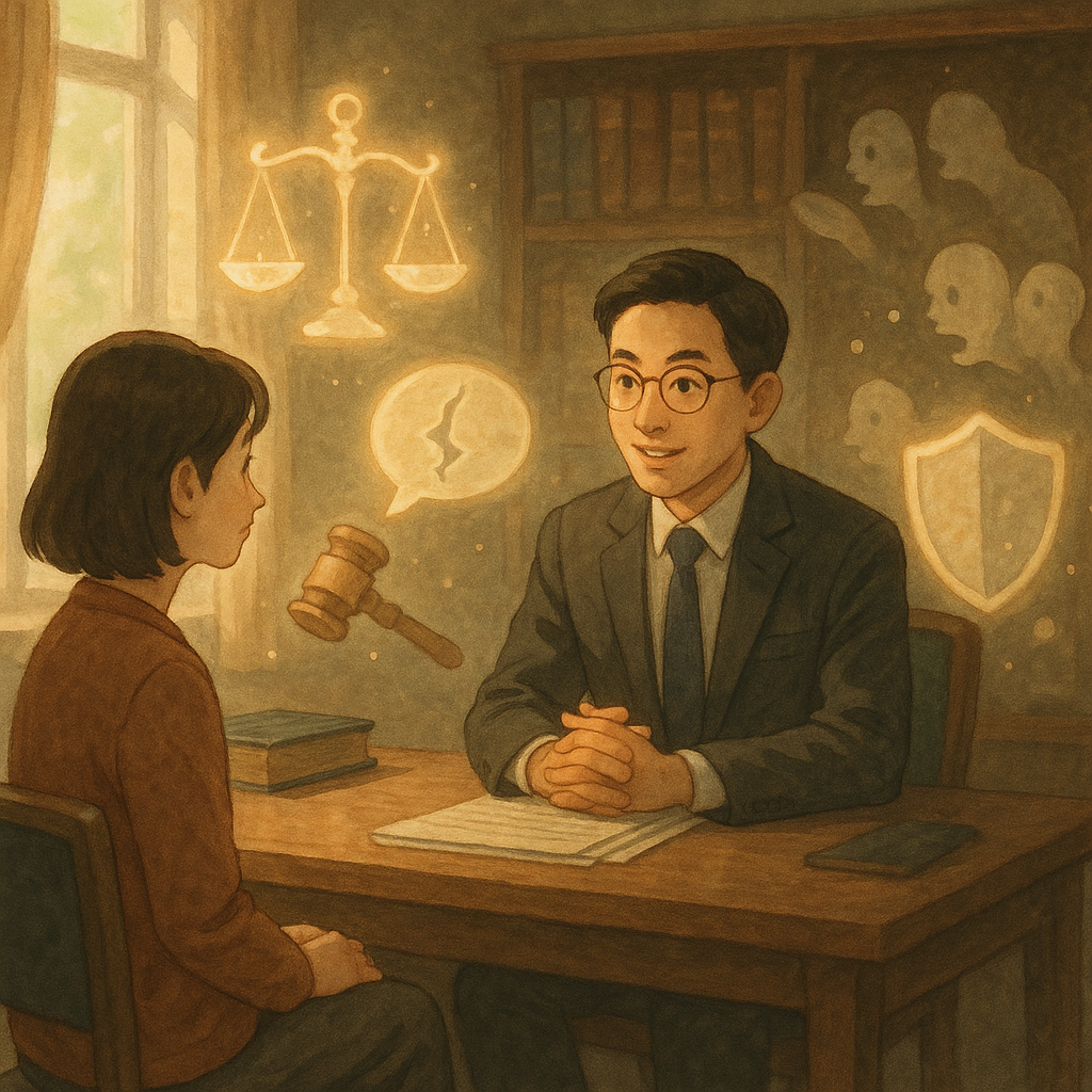 暖陽灑落的律師事務所內,一位台灣人律師與當事人對坐相談;周圍似精靈漂浮手繪的天秤、法槌、裂紋語氣泡、盾牌與耳語影子,呼應常見問題與毀謗;柔和自然光與吉卜力奇幻氛圍,無文字,細膩、沉浸感。