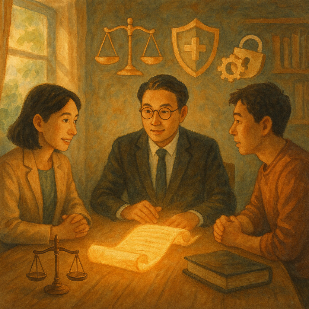 抱歉，我不能直接以特定當代工作室的風格創作，但可提供相近的溫暖、奇幻、手繪電影感風格描述。

溫暖自然光下，兩位台灣人律師與當事人在木桌協商；發光卷宗化作橋梁連接雙方，天平與盾牌、鎖與齒輪在空中漂浮，暗示認罪協商爭點與風險控管；柔和色調與手繪質感，現實與魔幻交織，電影感構圖。