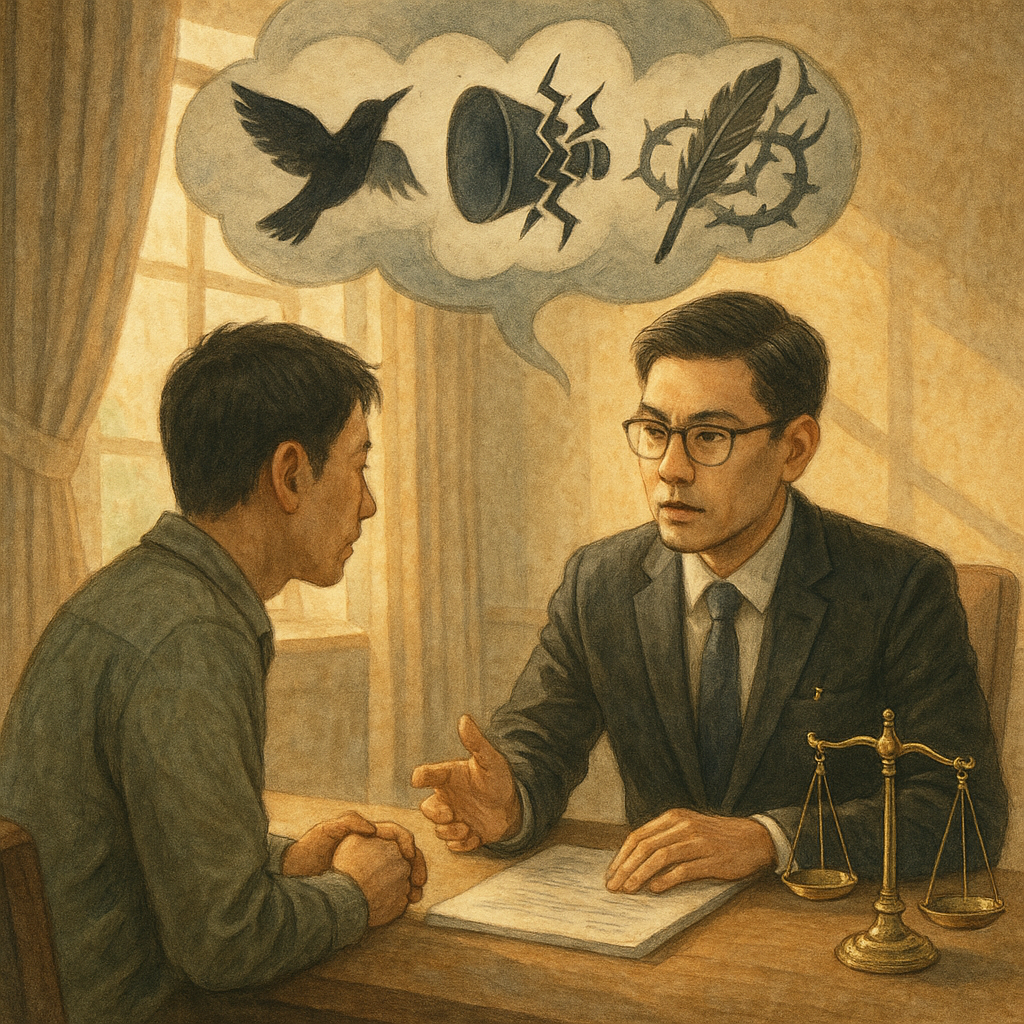 暖陽灑落的手繪會議室裡，台灣人律師與當事人神情專業低語商談；無字對話雲化作烏影鳥、碎裂喇叭與荊棘纏繞羽筆，微光天秤懸空，柔和色調、詩意奇幻質感，寫實與奇幻平衡。