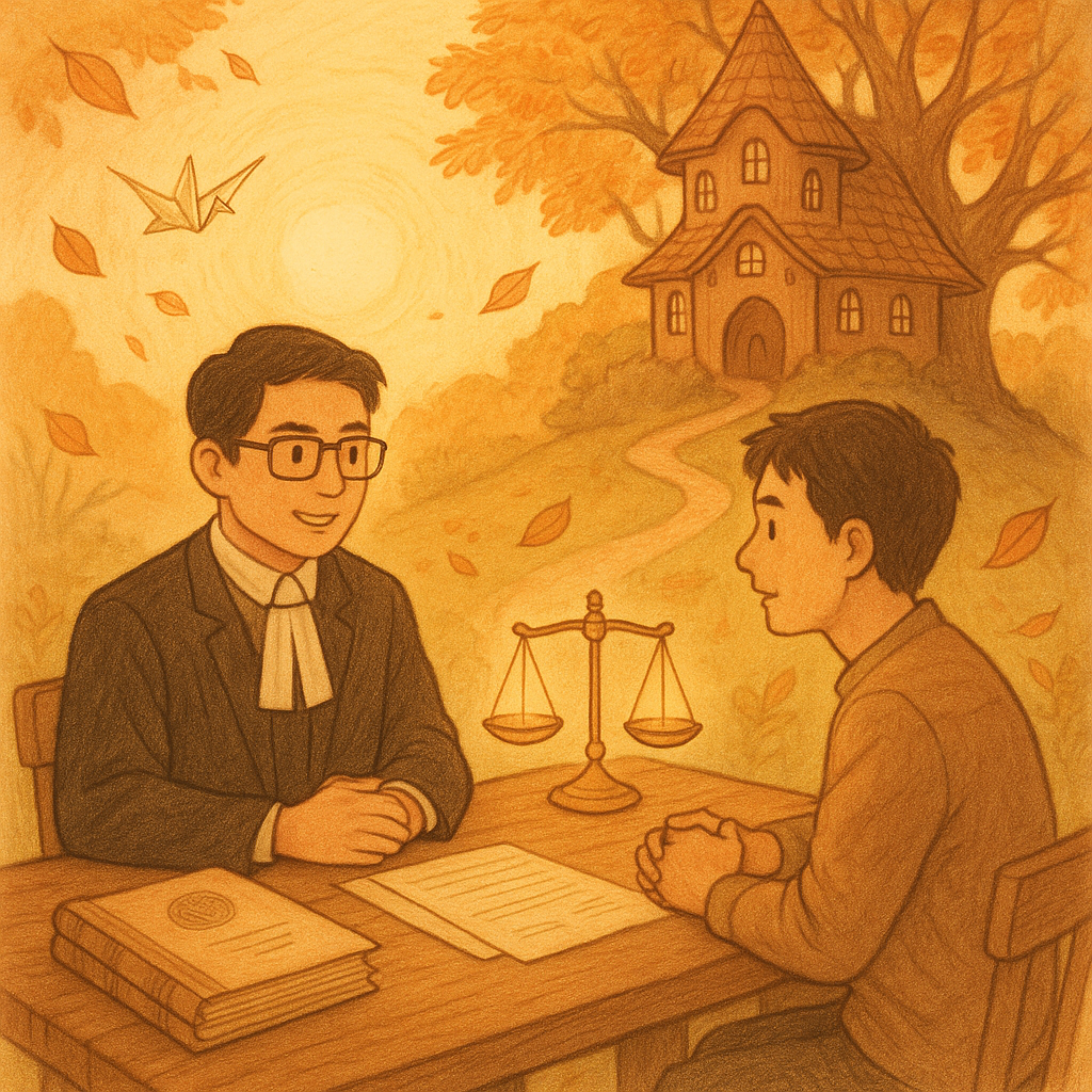 溫潤夕光下,台灣律師與民眾在木桌前諮商,桌上卷宗、公文章與天秤微光浮現;遠處如吉卜力風的法院化作溫暖樹屋,小徑蜿蜒象徵訴願流程,紙鶴與落葉環繞,手繪紋理柔和無字。