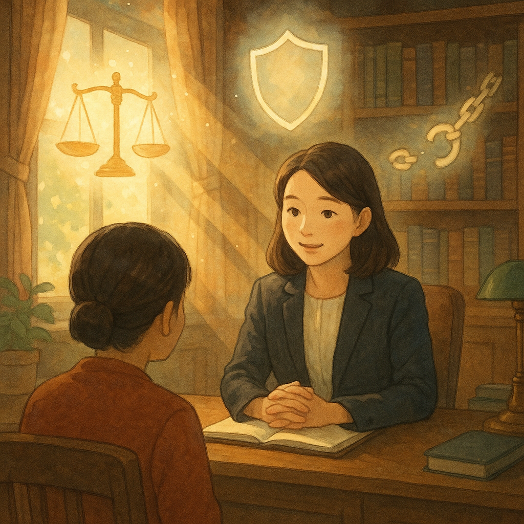 溫暖木質律所中，台灣人律師溫柔傾聽民眾；窗光灑落。空中漂浮天秤、盾牌與解開的鎖鏈，化作柔光驅散陰影，象徵強制罪解惑與保護，吉卜力式手繪質感，無文字。