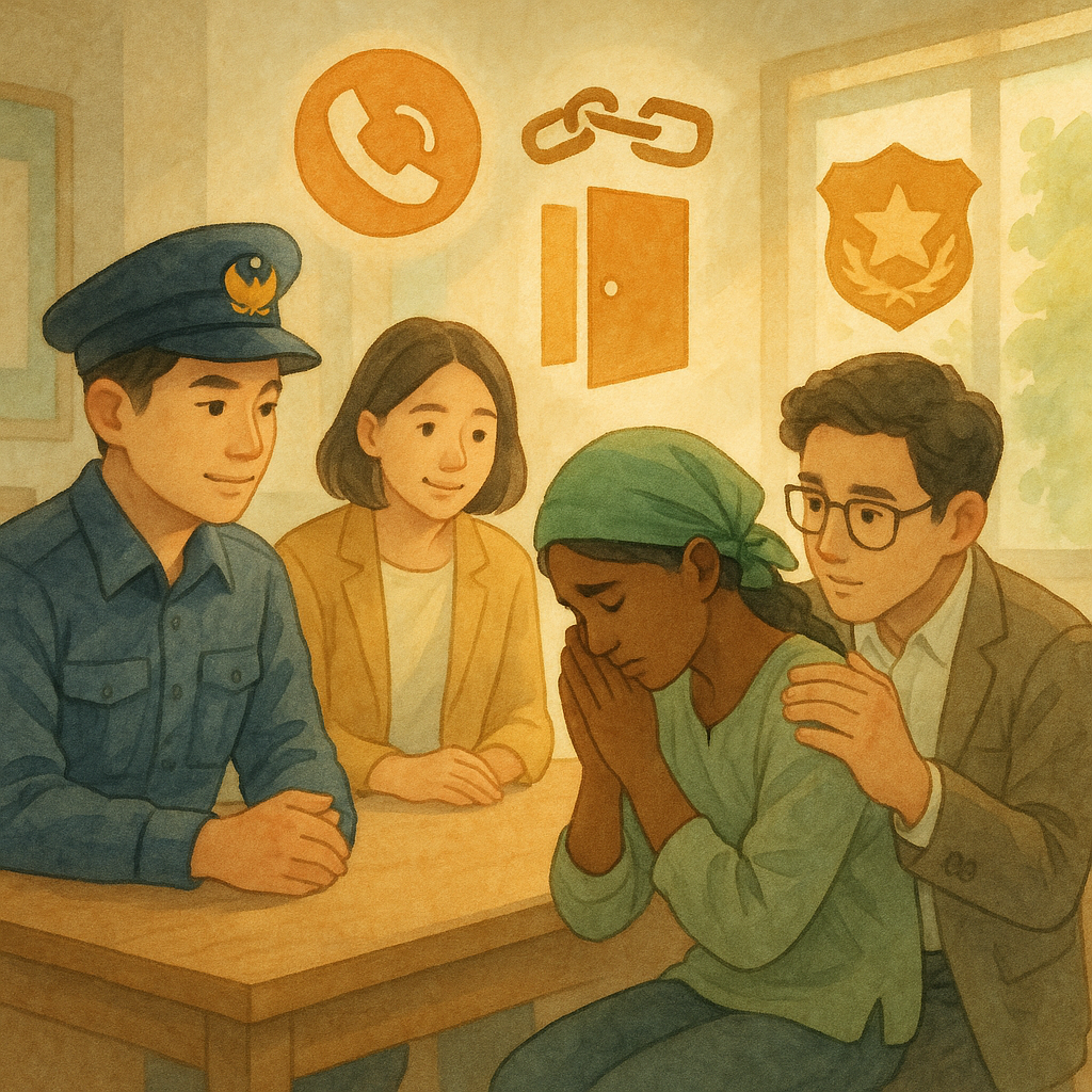 吉卜力風格插畫，柔和色調、自然光：陽光灑落的派出所裡，台灣人警員、社工與律師圍坐，安撫一位外籍移工；周圍漂浮象徵圖示：緊急電話、破裂鎖鍊、開啟的門、警徽與清單，指引即時求助與報案、自救流程，無文字。