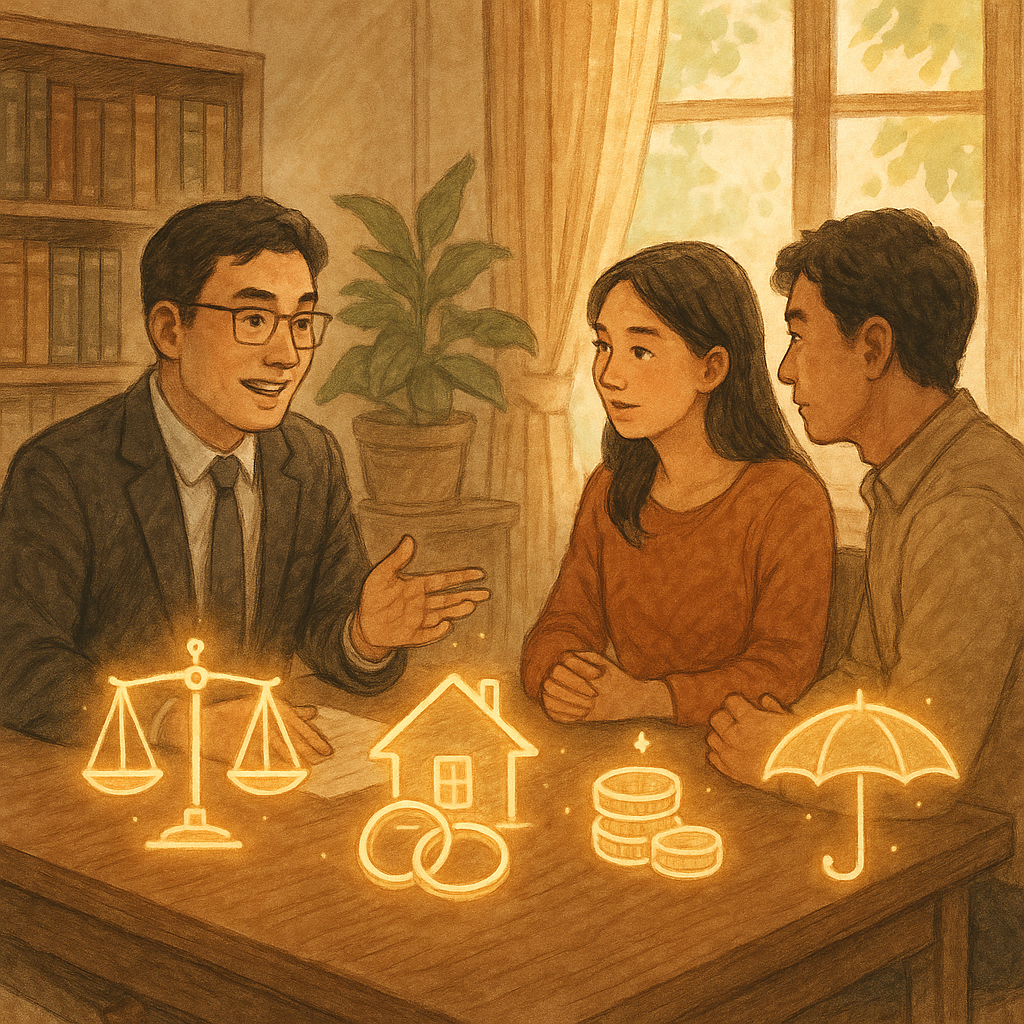 溫暖自然光下的律師事務所，台灣人律師與夫妻對坐相談；桌上浮現天秤、房屋與戒指、金幣與保險傘等發光圖像，手繪質感、奇幻卻寫實，象徵剩餘財產分配與風險控管。畫面無文字。