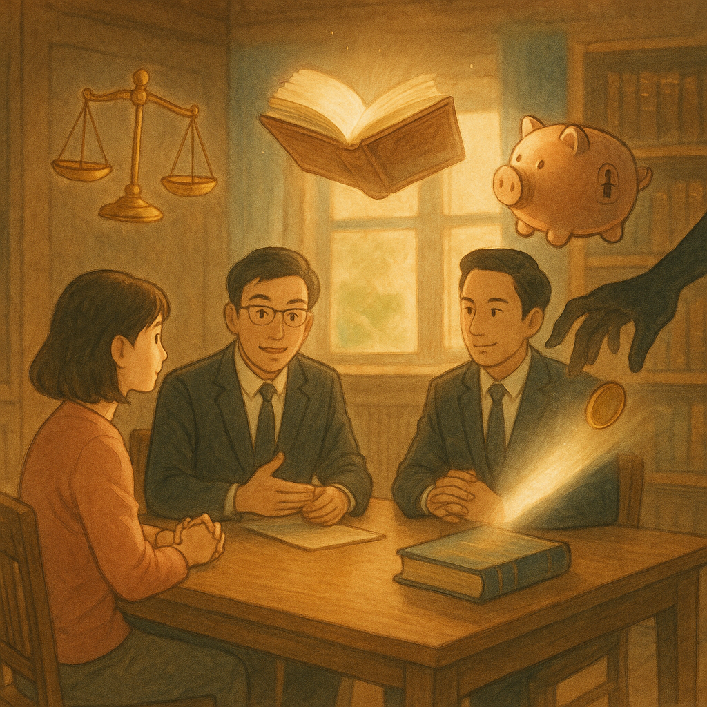 暖陽灑入木質事務所內,兩位台灣律師與當事人圍桌相談;天平、上鎖撲滿與發光帳冊在空中輕旋,一隻暗影之手欲取硬幣,卻被柔光阻停。柔和色調、手繪紋理,吉卜力般奇幻,電影感景深,無文字。