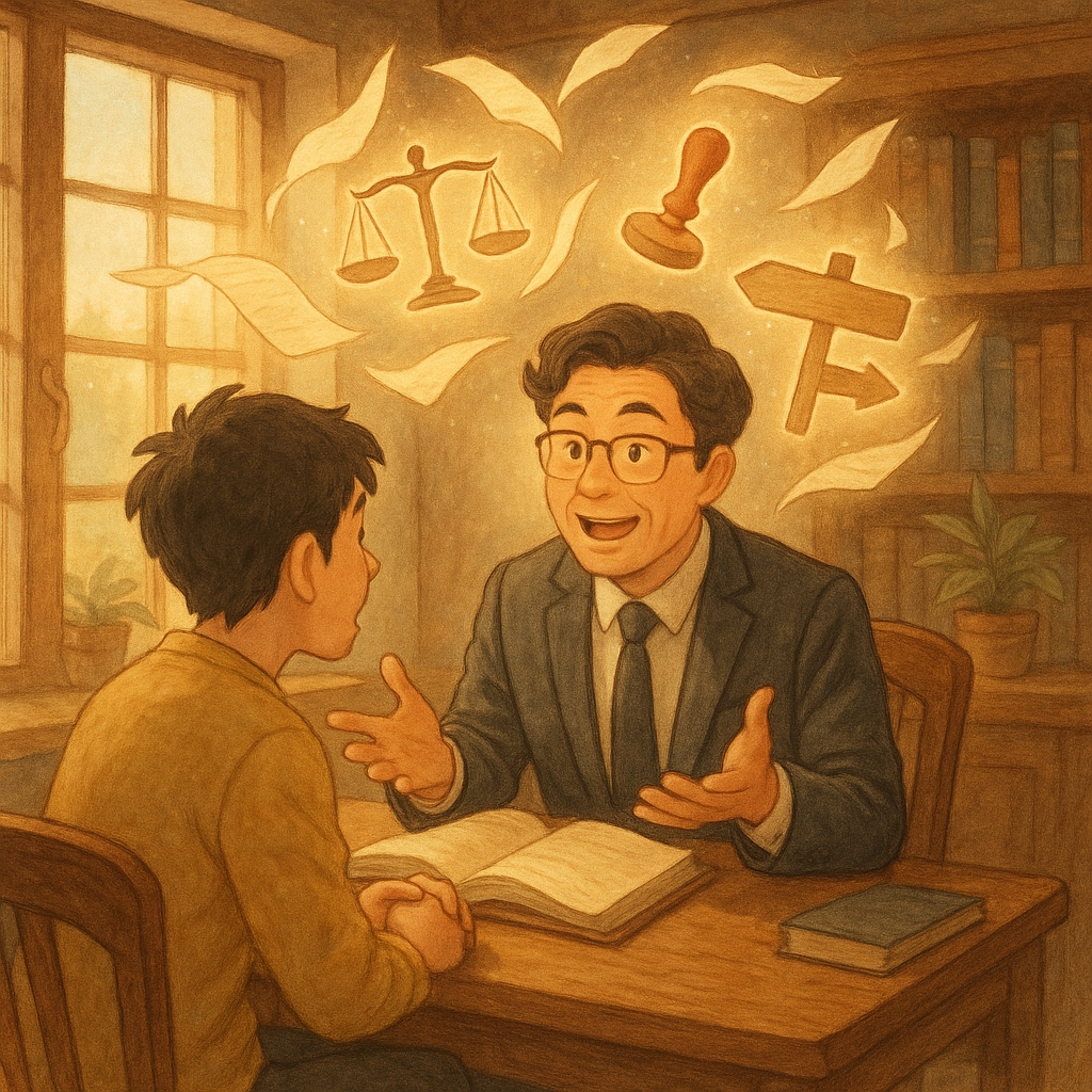 溫暖木質事務所裡,台灣律師與民眾對坐諮詢,表情生動;窗光灑落,手繪紙卷化作光羽飛起,化成天秤、印章與路標圖像,象徵訴願與常見疑問;柔和色調、細膩質感、奇幻吉卜力風格,無文字。