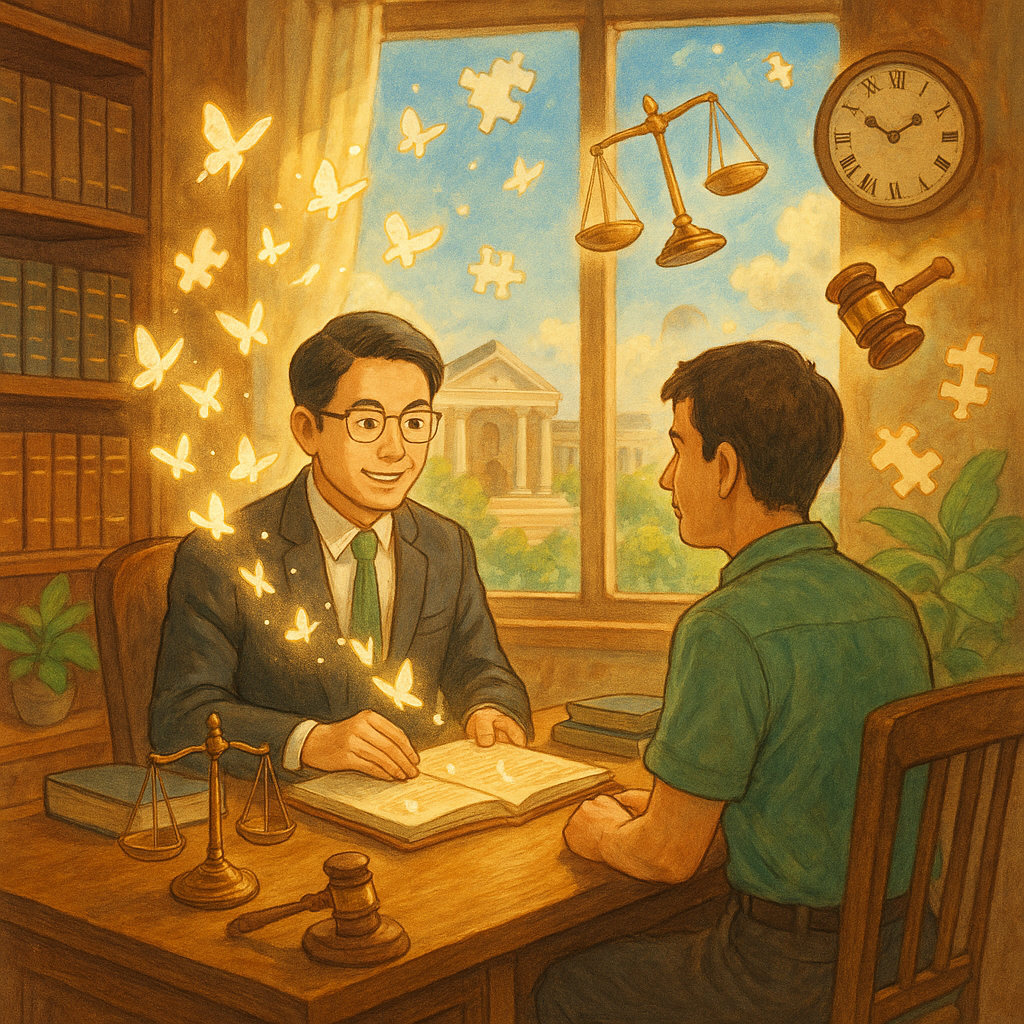 吉卜力風格高解析插畫：陽光灑入木質事務所，台灣律師與民眾對坐諮詢；桌上卷宗翻頁化作光蝶，天平、法槌、時鐘回旋的再審意象與拼圖在空中環繞，遠景若隱若現的法庭與城市綠意，溫暖手繪質感，魔幻而專業。