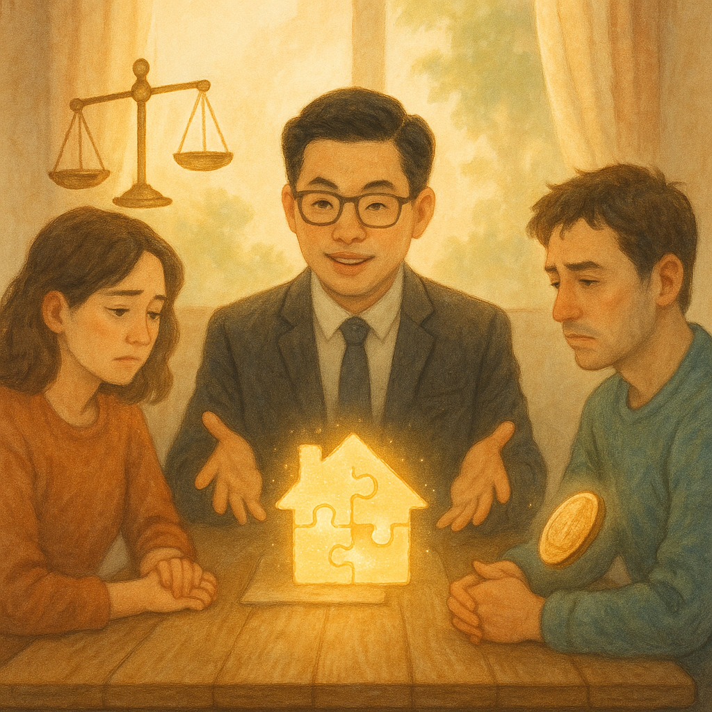 溫柔晨光下，臺灣律師與一對離婚中的夫妻在木桌前諮商；天平、發光的拼圖屋與旋轉硬幣漂浮其間，象徵分財產。柔和色調與手繪質感，童話般電影感，魔幻卻溫暖，無文字。