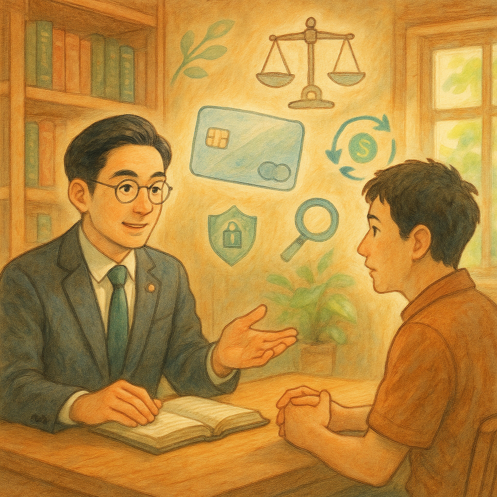 溫暖自然光的奇幻諮詢:台灣律師與當事人在木質事務所對談,兩人間漂浮透明銀行卡,象徵借賬戶議題。周圍環繞手繪圖示:手機與盾牌、天秤與鎖、匯款軌跡與放大鏡;柔和色彩與吉卜力筆觸,無字、細節豐富。