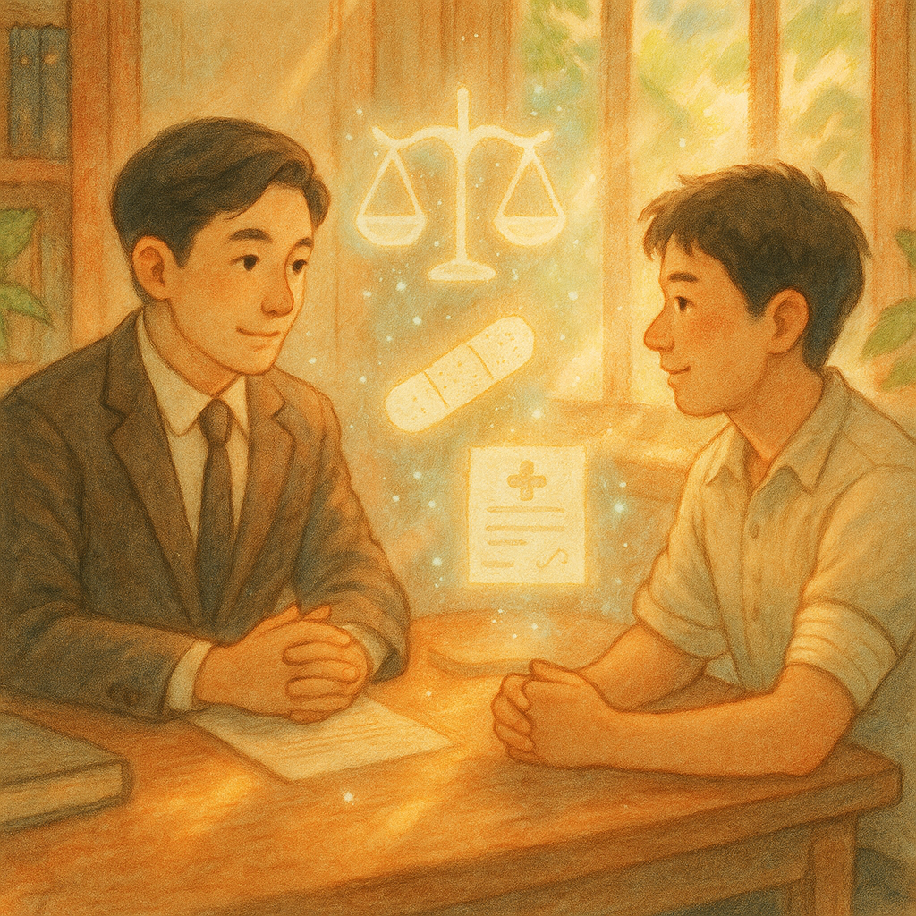 溫暖木質事務所內,台灣人律師與手臂貼著小繃帶的當事人溫和對談;陽光灑落,半透明天秤、繃帶、醫療收據與和解握手的發光圖像漂浮其間,手繪柔色、自然光影、童話般魔幻質感,無文字。