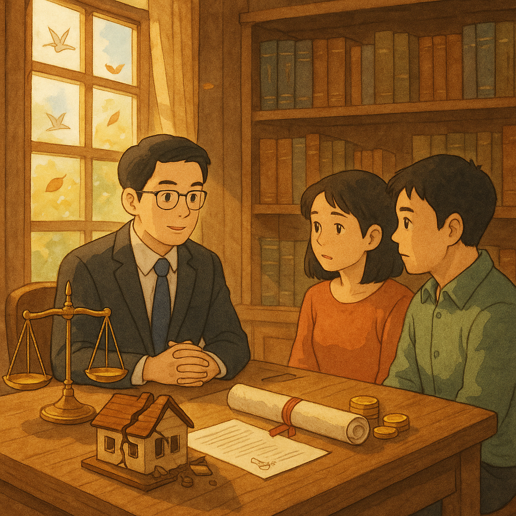 吉卜力風格溫暖畫面,手繪質感與自然光:台灣人律師在木質事務所與一對台灣人夫妻諮詢,桌上天平、碎裂小屋模型、合約卷軸與金幣象徵家庭破裂與賠償;窗外柔光與漂浮紙鶴、微風捲起的落葉暗示案例研究與爭議風險。