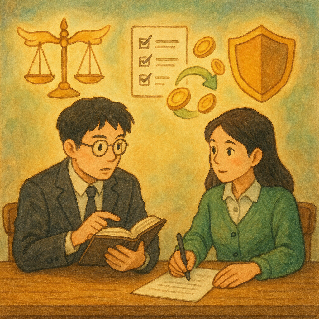 柔光下，台灣律師與內控主管在木桌討論；天平與回流金幣精靈環繞，清單與盾牌圖示浮現，象徵風險控管SOP與不當得利返還。手繪質感、吉卜力式溫暖奇幻，無文字。