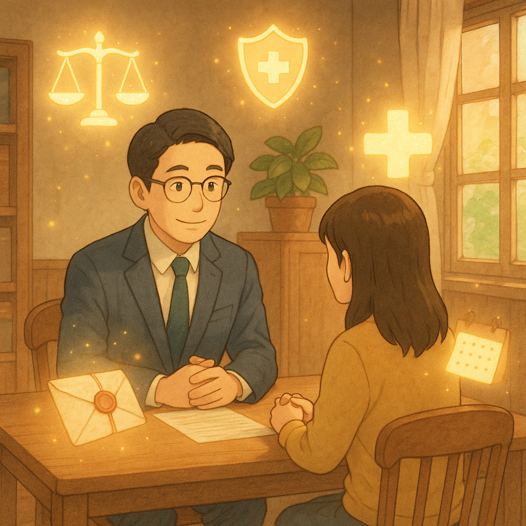 吉卜力風溫暖場景：台灣人律師與當事人於木桌諮詢，柔和色調與自然光。四周漂浮天秤、警徽、醫療十字、封蠟文件與日曆，化作發光精靈，指引強制性交案件報案與準備證據的流程；手繪質感，高解析度，畫面無文字。