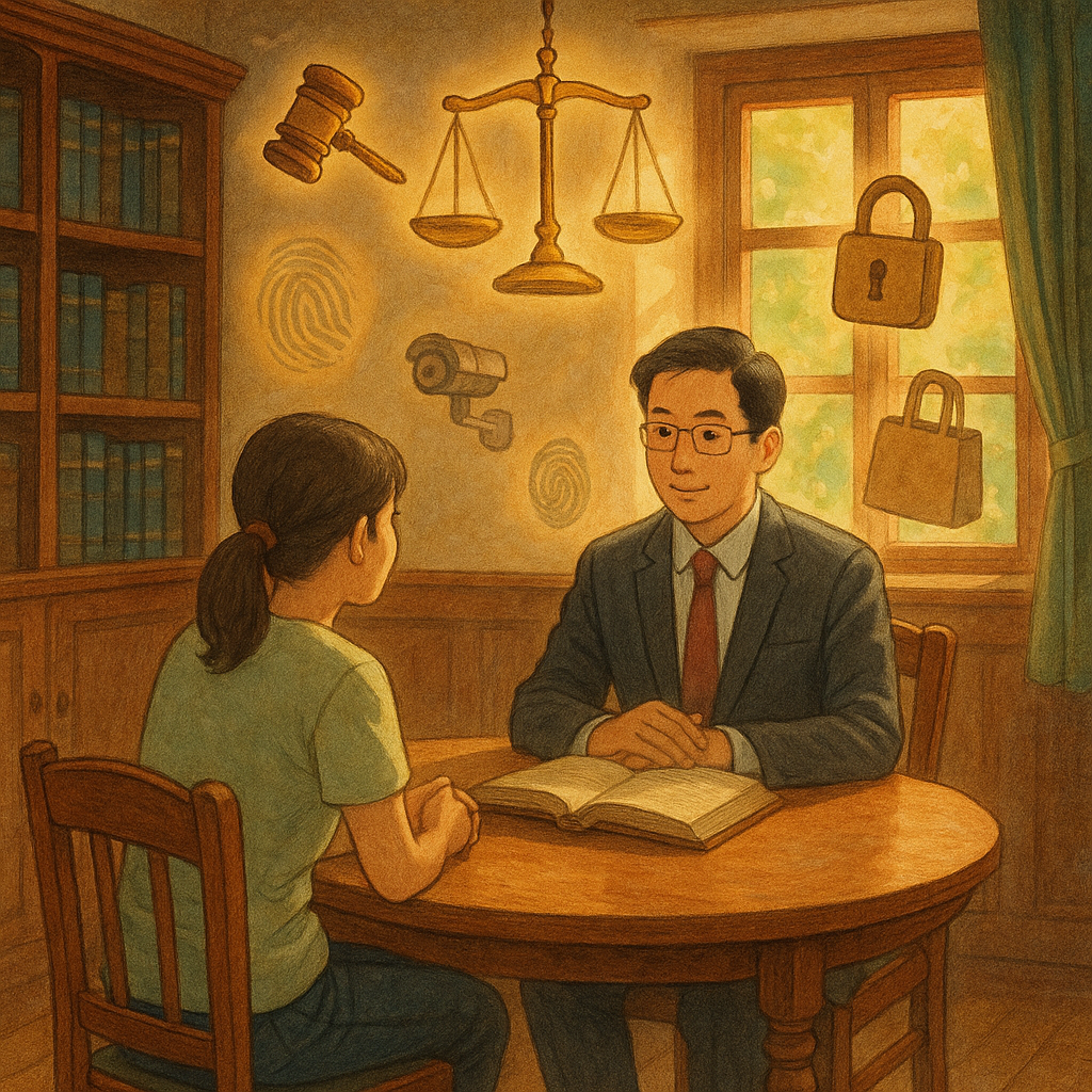 柔光灑入木質律所，台灣律師與民眾圓桌諮詢；吉卜力式高解析手繪質感中，空中漂浮法槌、天秤、鎖、指紋與監視器、購物袋等竊盜符號；溫暖魔幻、自然光與細膩筆觸營造沈浸與安心，無文字。