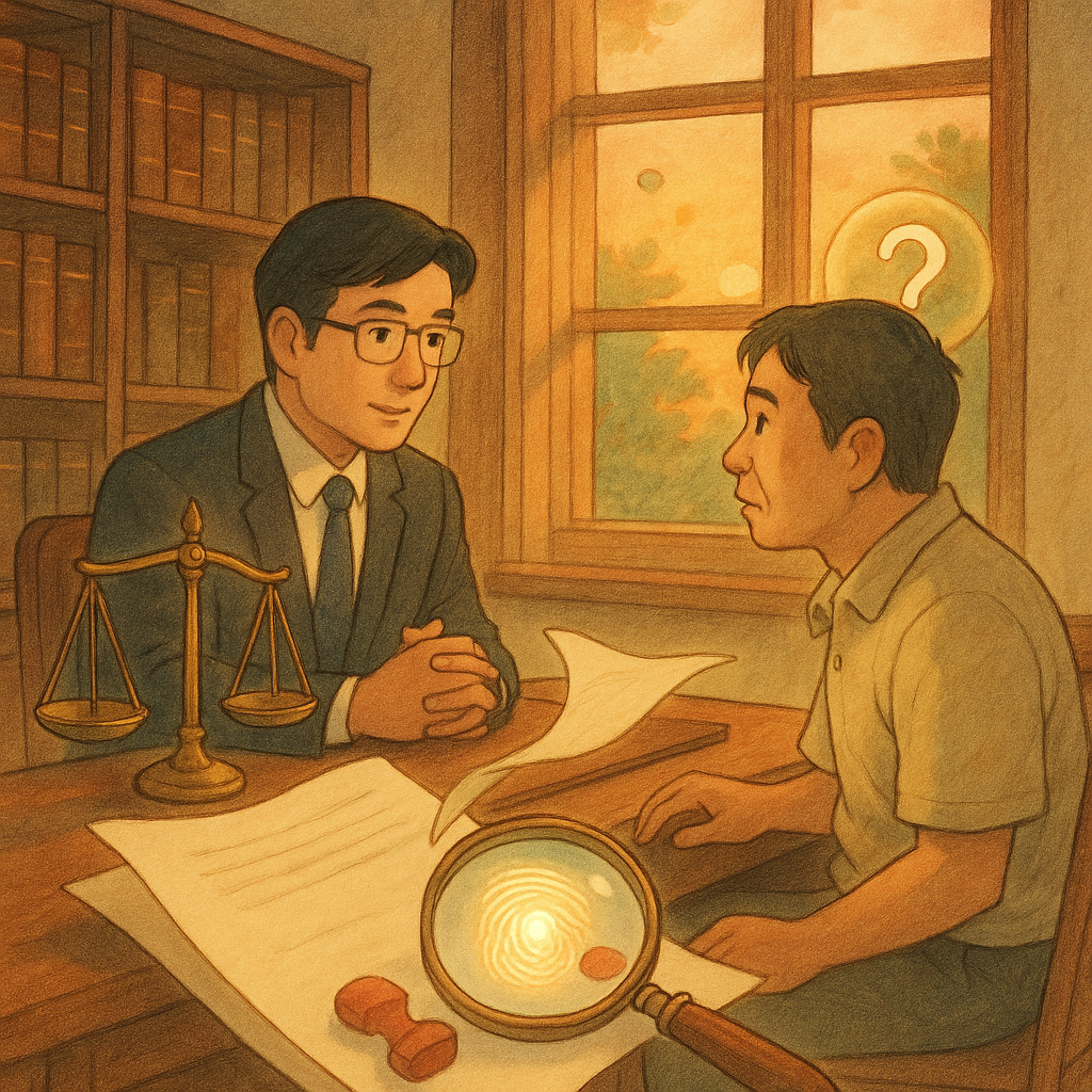 溫潤夕光下的木質律所,台灣律師與民眾對坐諮詢;桌上無字文書在微風中翻飛,放大鏡顯示發光水印與錯配印章,天秤與指紋、疑問光球環繞,柔和色調、手繪質感、吉卜力般魔幻溫暖。