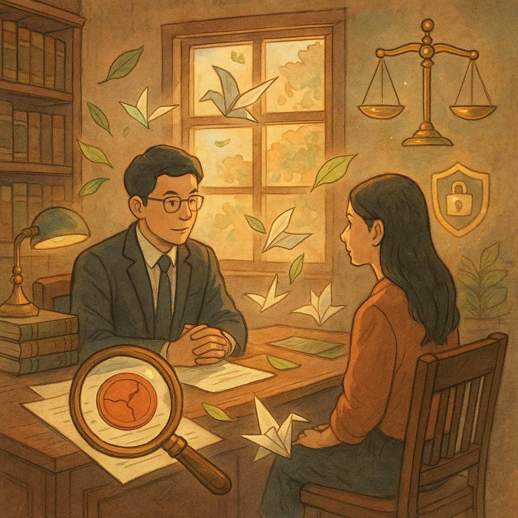 溫暖夕光下的木質律所,台灣律師與當事人對談,桌上文件在微風中化為葉片與紙鶴,放大鏡照出破綻與偽章,天平與鎖徽在空中微光浮動,手繪質感、柔色吉卜力風,無字場景。