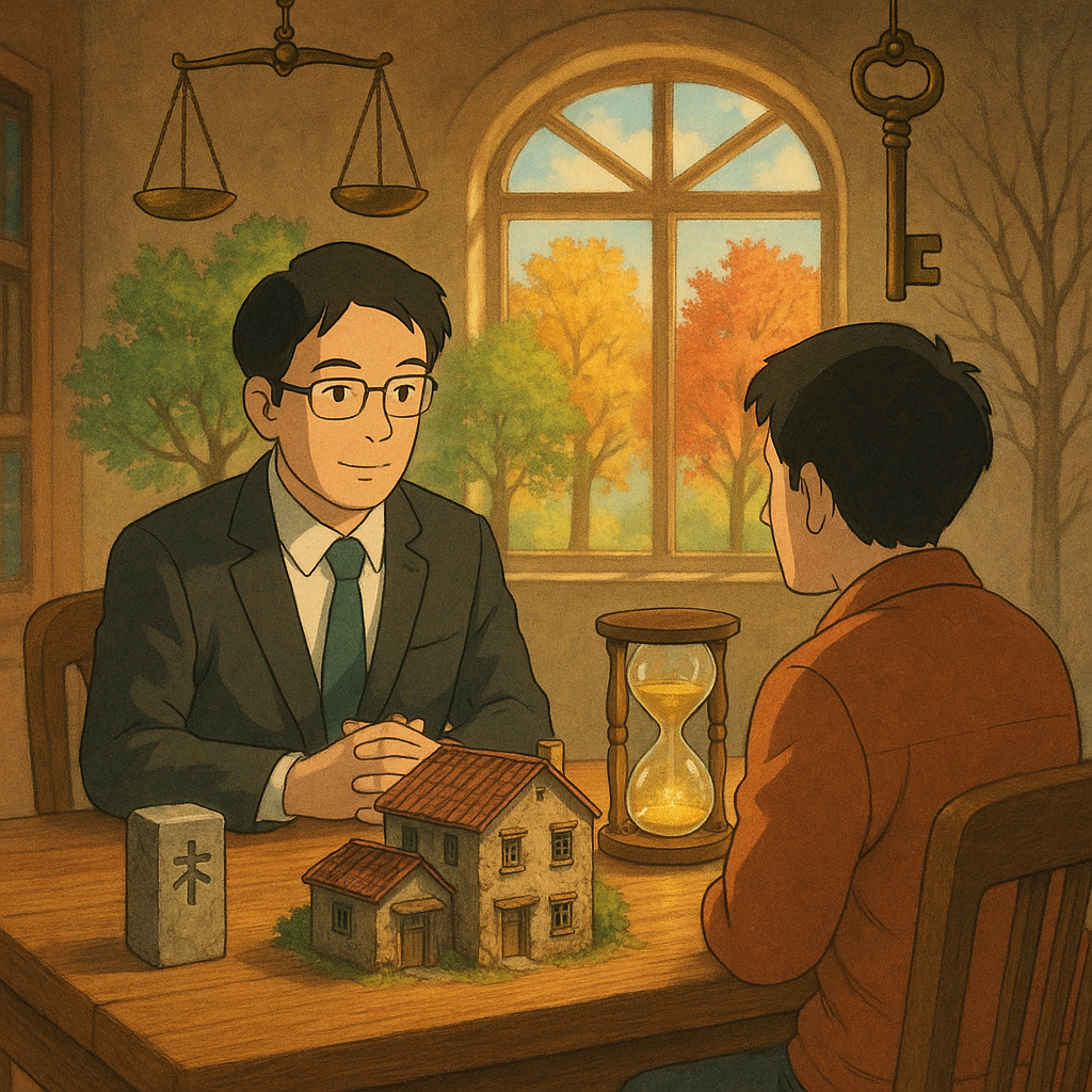 溫暖自然光下，台灣律師與民眾在木質書桌對坐，桌上微縮老屋、界石與發光沙漏化作時間長路，四季樹影環繞象徵占有與歲月累積，天花板懸浮天平與鑰匙，無文字；吉卜力式手繪質感、奇幻而寫實的法律諮詢場景。