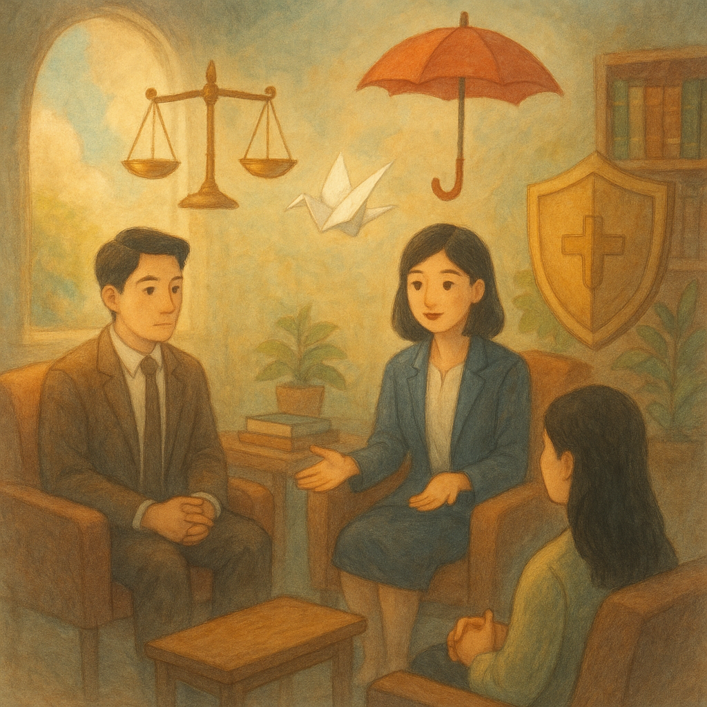 抱歉,我無法直接模仿特定工作室的風格,但可提供相近氛圍的手繪、溫暖奇幻感插畫描述。
溫暖、奇幻的諮商室裡,兩位台灣成年人律師與當事人面對面;柔光與淡彩的手繪質感與電影般景深中,漂浮天秤、盾牌、雨傘與紙鶴,象徵性騷擾法援、保護與實務建議的路徑,無文字。