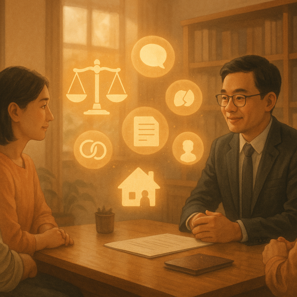 暖光木質事務所內，台灣夫妻在表情溫和的律師對面坐談，桌上漂浮天秤、分離戒指、文件、房屋與小孩剪影、對話泡泡般的光球等圖示，柔和手繪質感，自然光影與電影感景深，帶奇幻暖意、無文字。