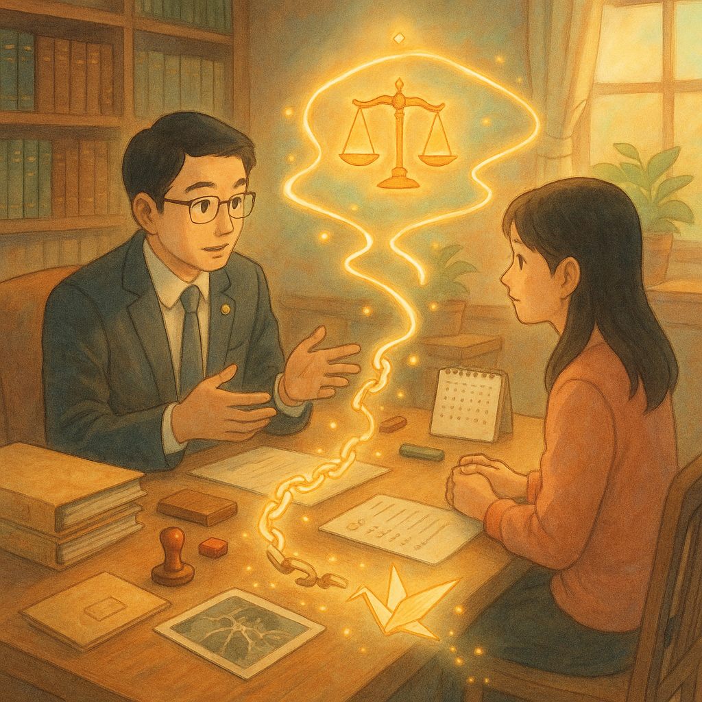 柔光下的木質事務所,台灣律師與當事人對談;桌上卷宗、印章、日曆、清單與證據相片散落。象徵強制罪的斷裂鎖鏈化作光粒,被發光的流程路徑、天秤與紙鶴精靈引導,柔和色彩與手繪質感、吉卜力般溫暖奇幻,無文字。