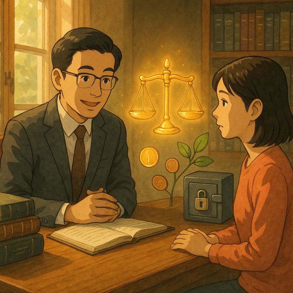 吉卜力風溫暖場景、電影感:台灣人律師與當事人在木質事務所諮詢、表情溫和專業,柔光灑落;空中漂浮發光天秤、鎖住的保險箱與化作葉片的硬幣象徵侵占罪與結論建議,手繪質感、自然色調、魔幻寫實。