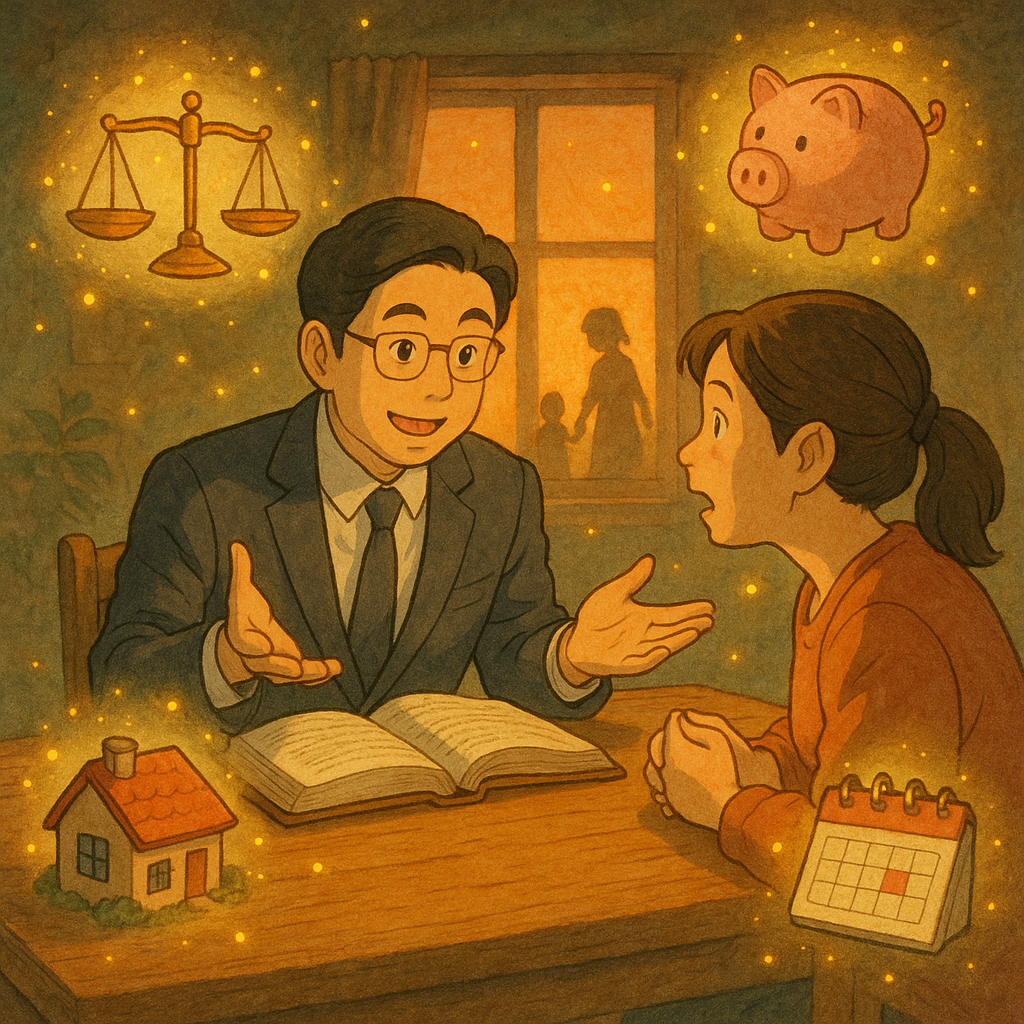 暖色自然光下，台灣人律師與家長表情生動在木桌諮詢，吉卜力風手繪質感。周圍如流螢般漂浮的天秤、存錢筒、日曆與小屋象徵撫養費與安排，角落孩童牽手剪影，細節溫馨魔幻、無文字。