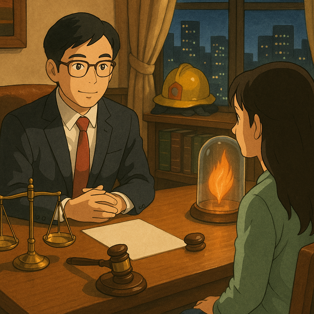 吉卜力風格高解析插畫:台灣人律師與當事人在溫暖木質事務所諮詢,柔光灑落。桌上天平、法槌與無字文件;玻璃罩內溫柔火焰化為鳳羽,象徵縱火罪結論與後續行動。遠處消防帽與城市夜景,手繪質感、無文字。