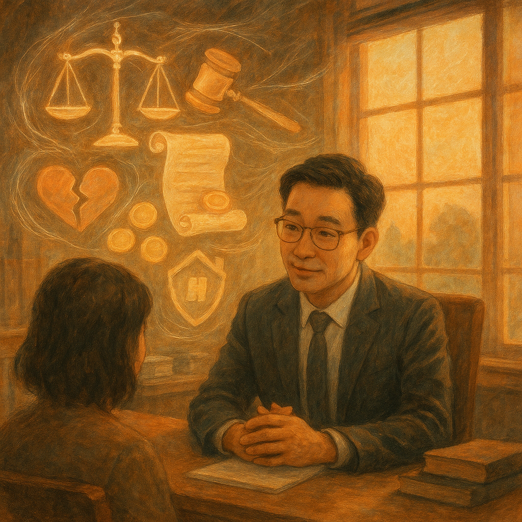 夕陽灑入木質事務所，台灣律師溫柔聆聽委託人；空中浮現天秤、法槌、卷軸、金色硬幣與裂心、家屋盾牌等象徵，化作柔光織線；手繪筆觸與柔色營造奇幻寫實，窗外朦影遠去，無文字。