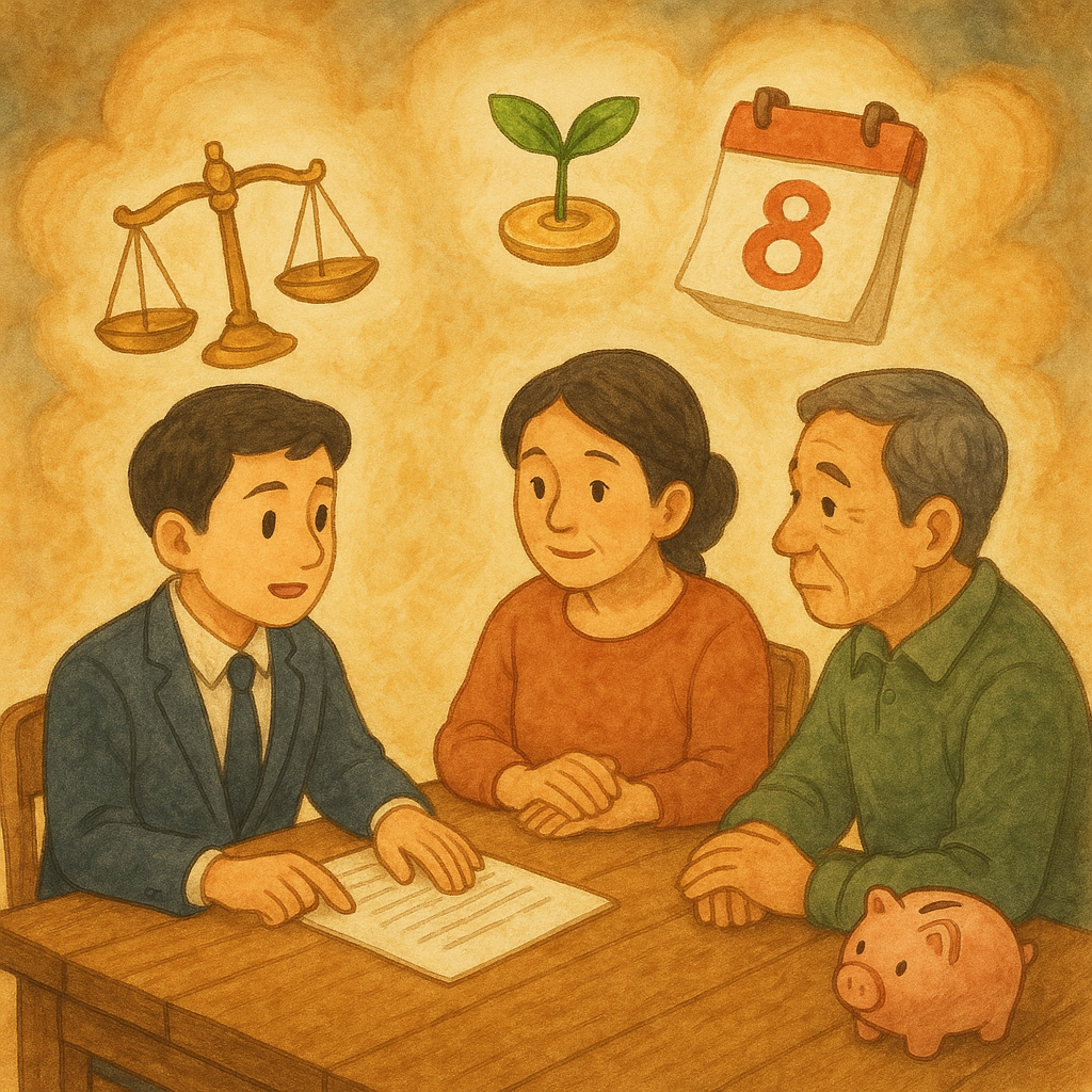 抱歉，我無法直接模仿特定工作室的畫風，但可以提供相近氛圍的手繪動畫風格描述：

溫潤光影下，台灣律師與父母在木桌諮詢，天平、日曆、撲滿與發芽硬幣漂浮環繞，手繪質感童趣奇幻，高解析細節，象徵撫養費安排與關懷；畫面無文字。