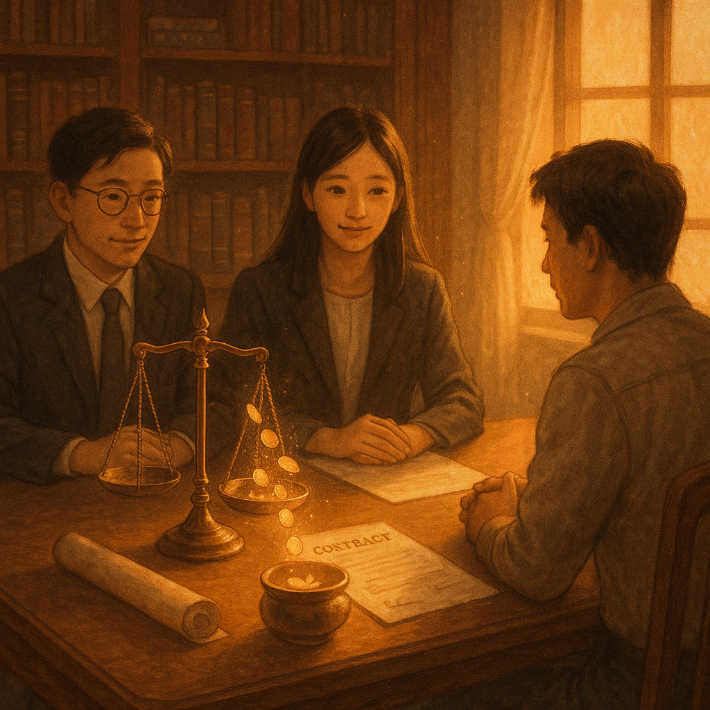 黃昏木質書房裡，兩位台灣律師與當事人圍桌而坐，暖光灑落；天平與合同卷軸泛光，金幣化作光點逆流回盂，象徵不當得利返還，細膩手繪、溫柔夢幻質感，氣氛塵埃落定。