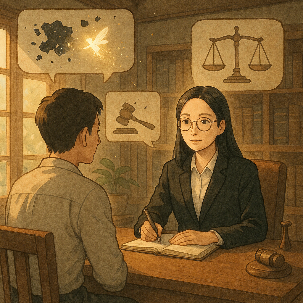 日光灑入溫暖木質事務所，台灣律師與當事人對坐，神情專業而溫柔，諮詢氛圍。無字對話框與天秤、木槌圖像環繞，黑色碎片象徵公然侮辱，被發光的小精靈輕拂化為光塵；柔和色調、手繪質感、吉卜力式魔幻寫實氛圍。