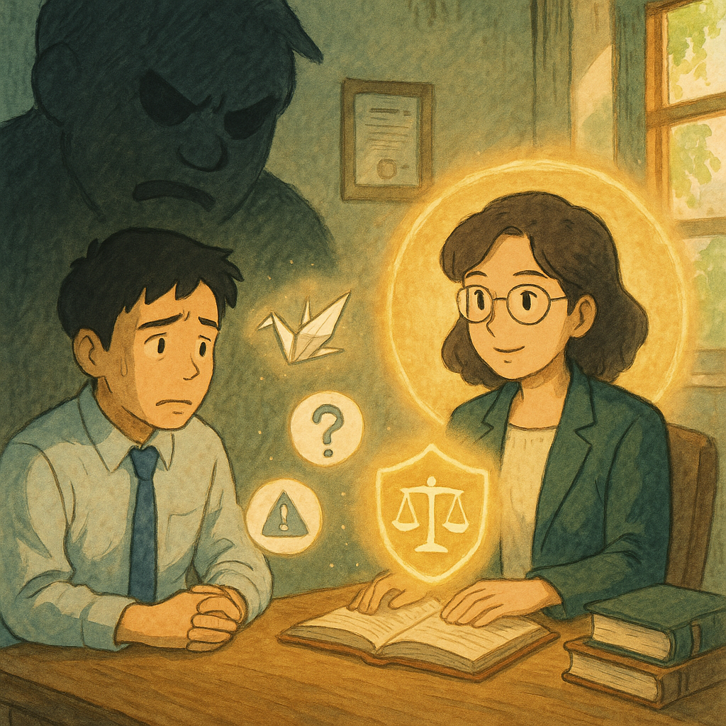 溫柔自然光中，吉卜力式手繪質感的律師事務所裡，兩位台灣人對坐諮詢；憂慮的上班族被職場霸凌的巨影環繞，律師以發光天秤與盾形光暈守護，桌上漂浮紙鶴與圖示卡象徵常見疑問，無文字。