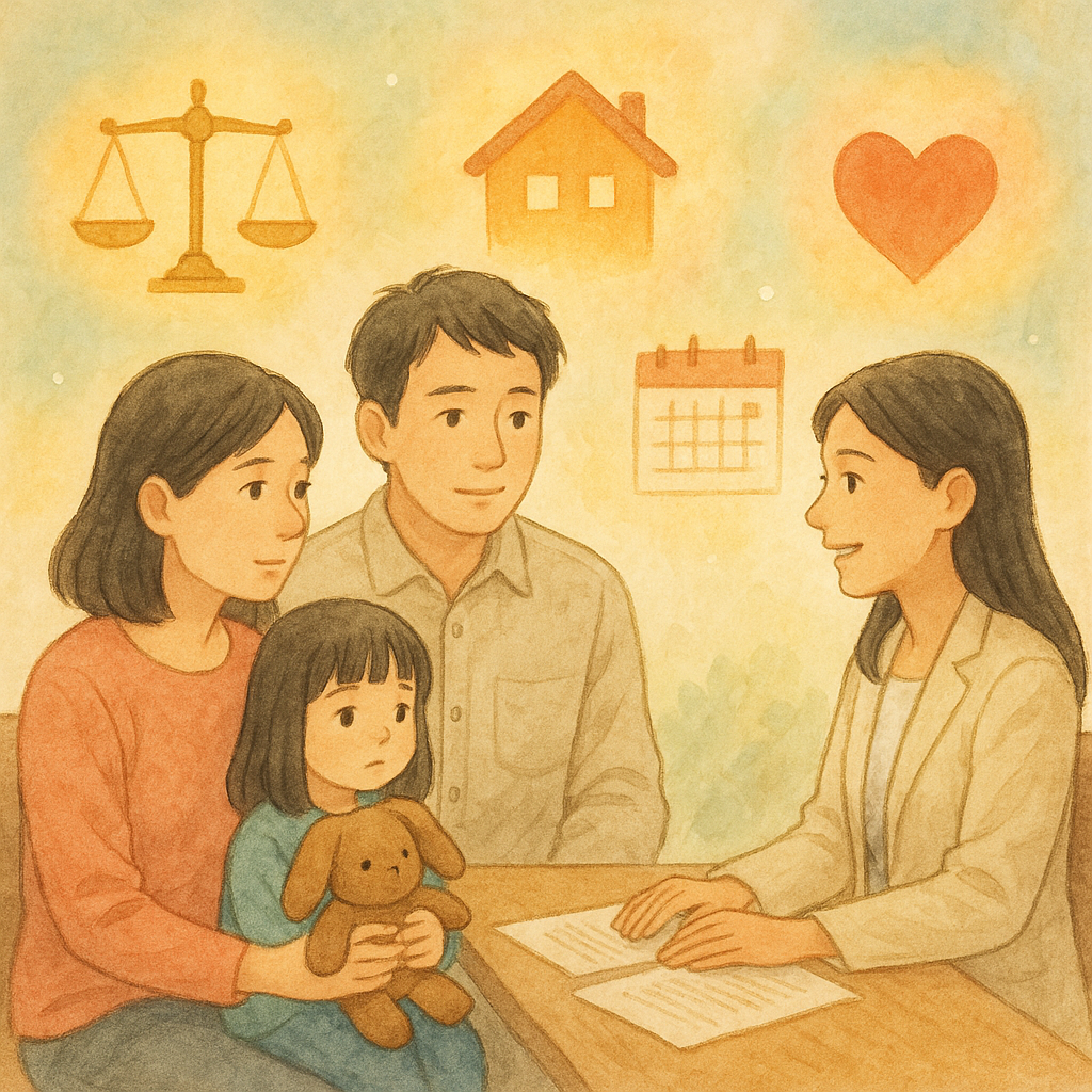 抱歉，我無法直接以特定工作室的風格創作；以下提供相近氛圍的描述：
以柔和色彩與自然光、手繪質感呈現輕盈奇幻、電影感氛圍：台灣父母與律師溫暖對坐，孩子握著玩偶；四周漂浮天平、家屋、日曆與愛心化為微光，映出監護權諮詢與常見疑慮的指引。