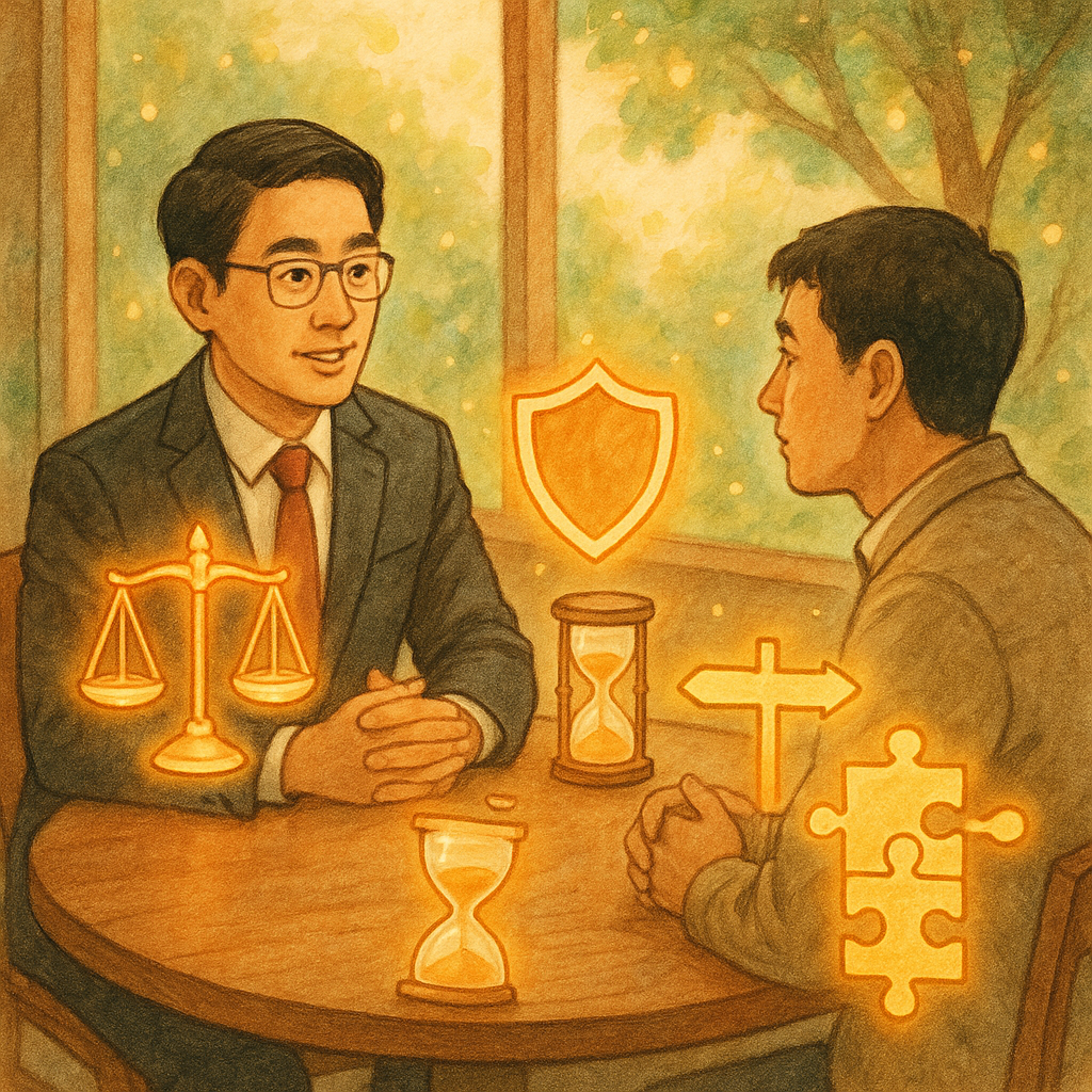 抱歉，我無法直接依特定工作室的風格創作；以下提供相近氛圍的描述：

溫暖自然光下，台灣律師穿著正裝與當事人圓桌商談，桌上漂浮發光的天平、盾牌、沙漏、拼圖與分岔路，象徵認罪協商、風險控管與合規評估；窗外柔和綠意與光點營造奇幻氣息，手繪質感，畫面不含文字。