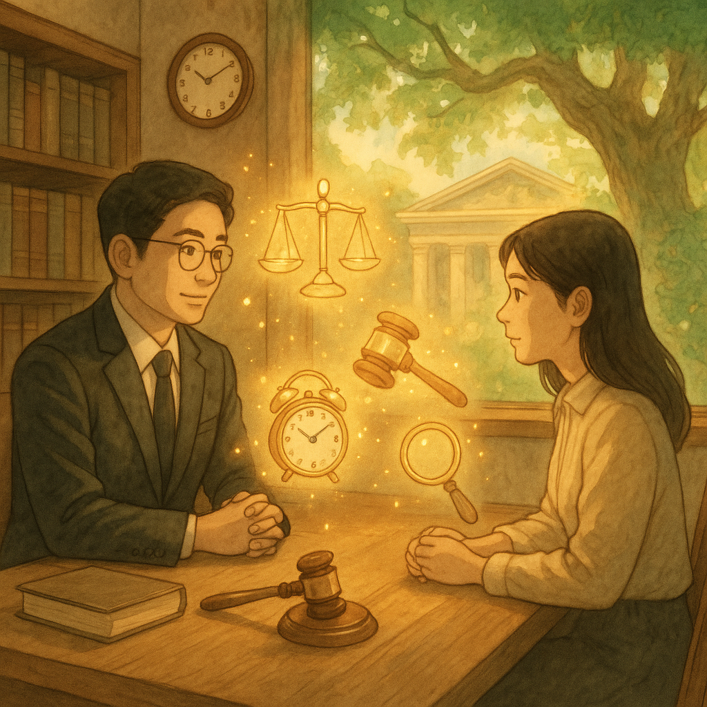 柔色調自然光下，台灣律師與當事人於木質事務所對坐，表情專注溫暖；桌上天秤、法槌、時鐘與放大鏡化作漂浮光粒，象徵再審與常見問題。窗外法院融入精靈樹影，細膩手繪質感，吉卜力風，無文字。