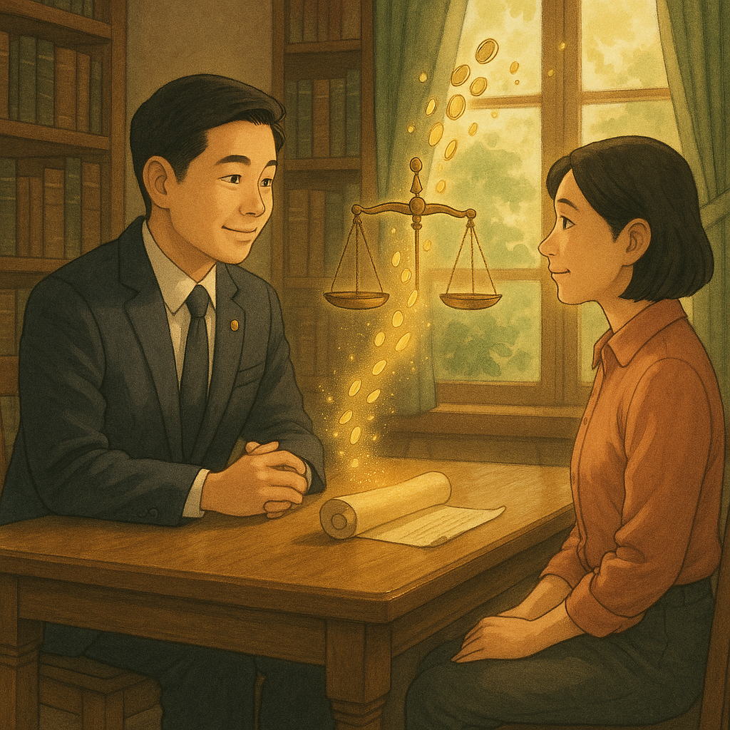 吉卜力風高解析插畫：柔和自然光下，台灣律師與當事人於木質書房對坐，神情專業溫暖；金色硬幣化作光點逆流回天秤與契約卷軸，象徵不當得利返還；手繪質感、暖色調、無字，現實與奇幻交融、電影感。