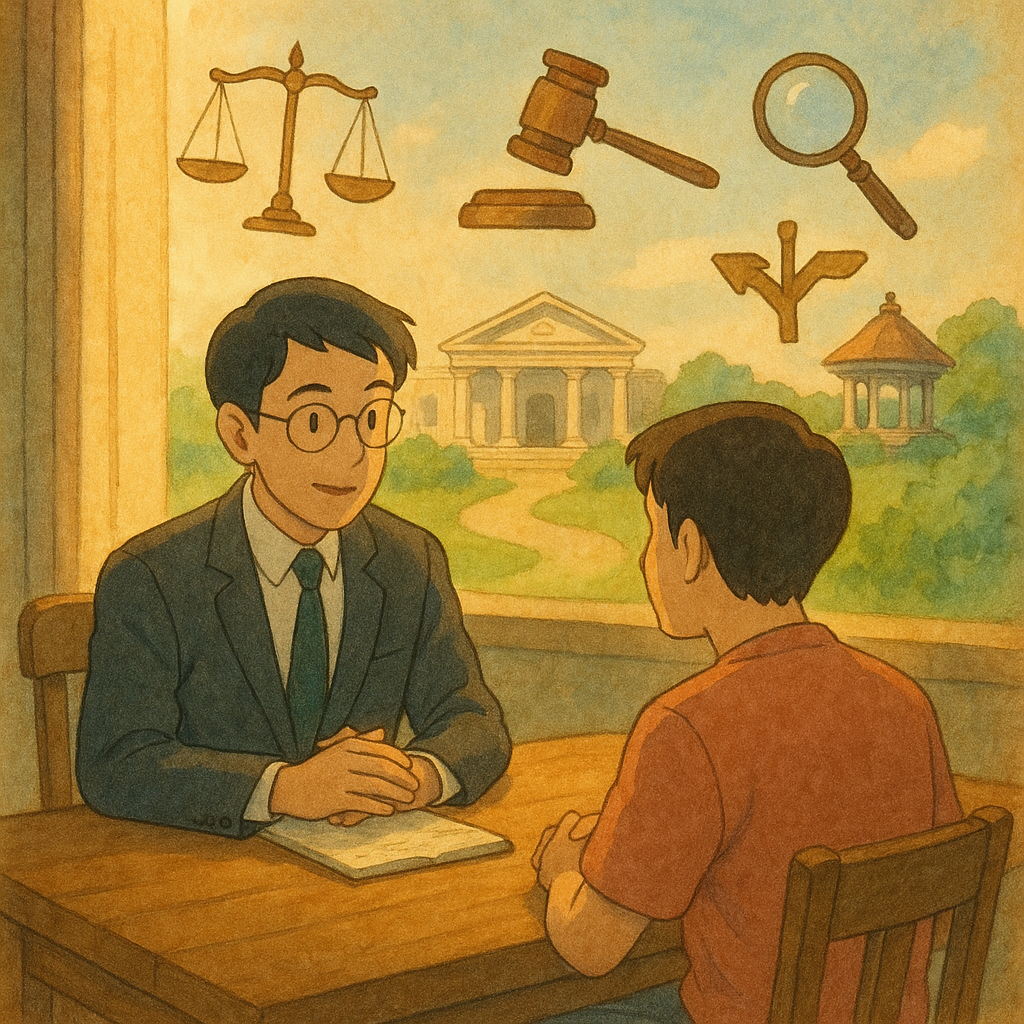 溫柔色調、手繪質感的吉卜力風格場景:台灣律師與當事人在木桌前評估策略,溫暖天光灑落。空中漂浮天秤、法槌、放大鏡與分叉小徑圖示,遠處法院與調解亭象徵替代方案與抗告抉擇,寫實與奇幻平衡,無文字。