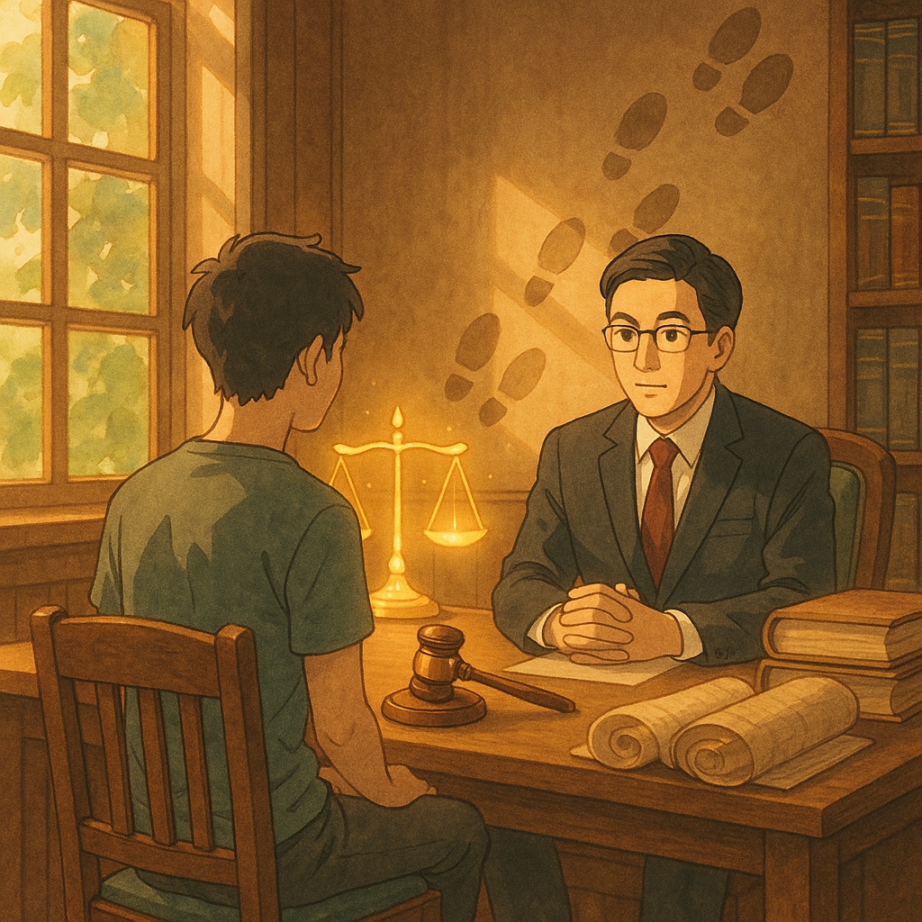 抱歉，我無法直接使用特定工作室的風格；以下為相近氛圍的描述：
溫暖奇幻的手繪日式動畫風，高解析、電影感。台灣青年與專業律師在木質事務所洽談，柔和色彩與自然光。發光天秤、法槌、卷宗與交錯腳印環繞，象徵法律諮詢與幫助犯疑問，無文字。