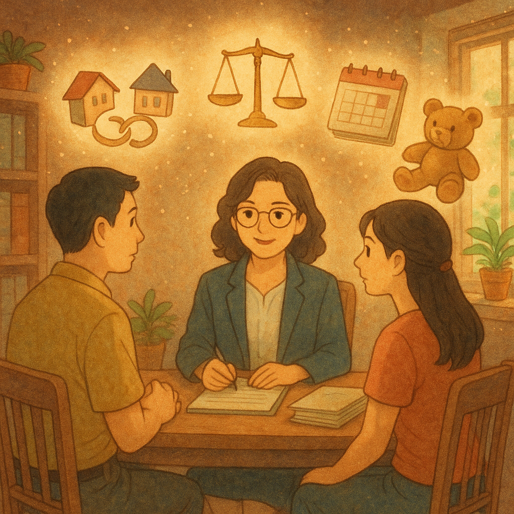 吉卜力風格的溫暖事務所內,自然光灑落。一對台灣夫妻與台灣女律師對談。空中飄浮象徵圖示:分離的戒指化作兩棟小屋、天平、日曆、卷宗與泰迪熊。柔色手繪質感、粒子營造魔幻而踏實的離婚諮詢氛圍,無文字。