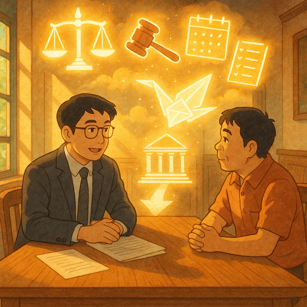 吉卜力風溫暖光影下，台灣人律師與當事人在木質會議桌前商議；天光中漂浮天秤、法槌、日曆與清單圖示，化作發光紙鶴指向法院階梯，象徵執行事件訴訟的結論與行動路徑。