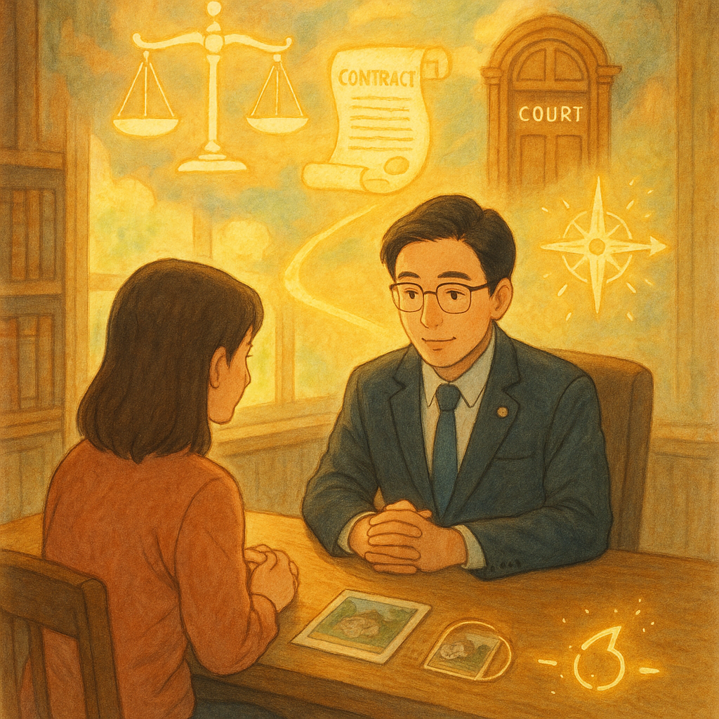 溫柔自然光下,台灣律師與當事人於木質書桌諮詢;天光中浮現天秤、契約卷軸、法庭門與指引羅盤,金色光路延伸,旁有證據相片與戒指裂紋化作發光符號,手繪質感、吉卜力風奇幻溫暖、表情細膩專業。