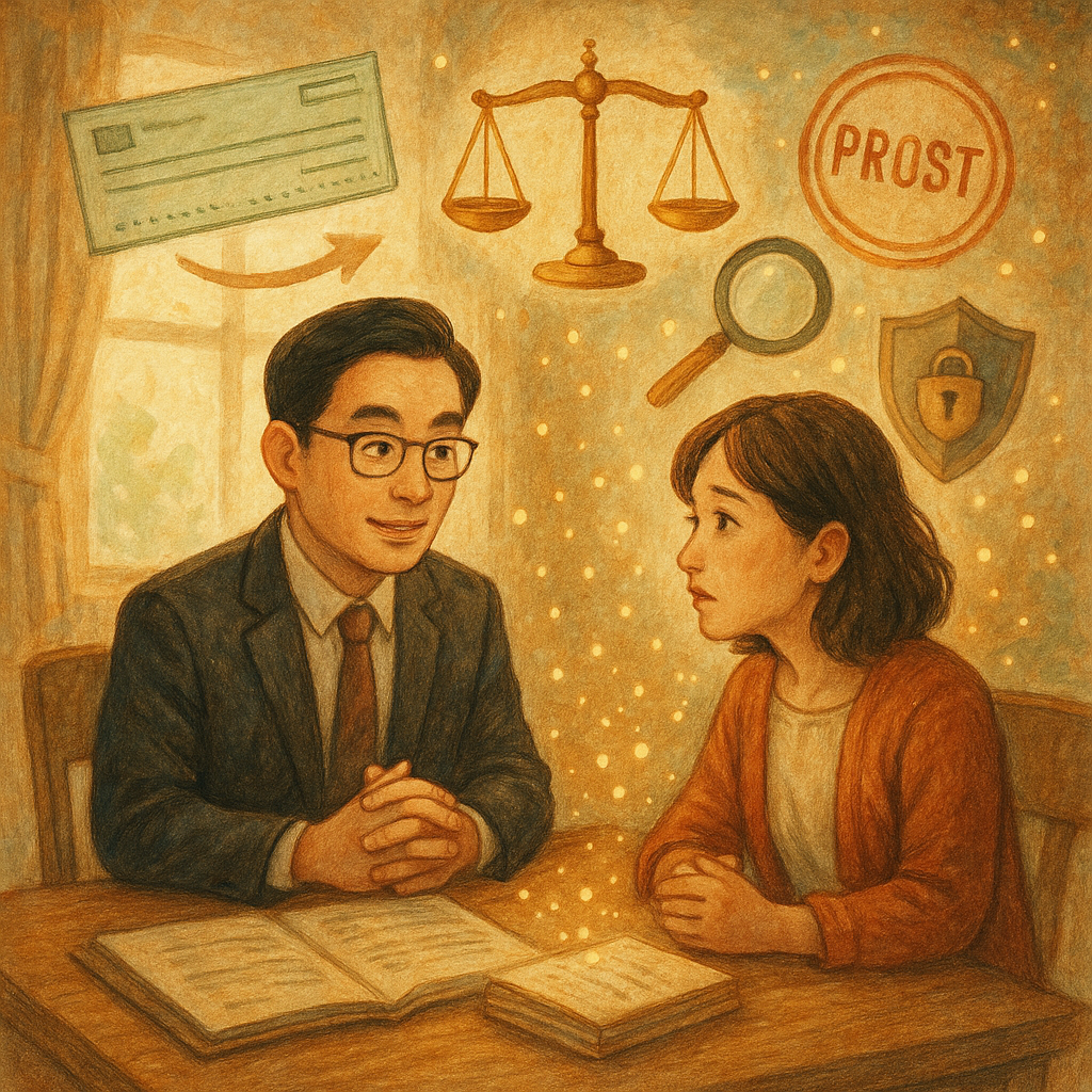 柔和自然光下,台灣律師與客戶於木桌諮詢,手繪質感,人物表情傳神。空中漂浮支票、本票印記、背書箭頭、天秤與放大鏡、鎖與盾象徵風險控管,案例卷宗化作光粒環繞;畫面溫暖奇幻,無文字。