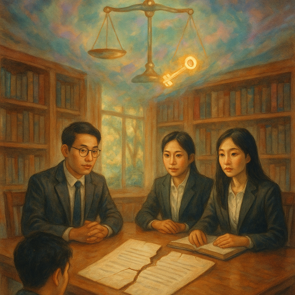 溫暖自然光下，兩位台灣律師與當事人在木質書房諮詢；天幕漂浮的天秤、拼合中的裂紋契約與發光鑰匙象徵背信罪與最終結論；手繪質感、奇幻柔色、電影感構圖、寫實與奇幻平衡、無字。