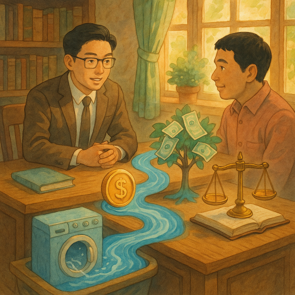 溫暖自然光下，台灣人律師與委託人在木質事務所對談，桌上旋轉金幣化作溪流，穿過洗衣槽、紙鈔樹與天秤等象徵；吉卜力式手繪質感，柔和色彩與自然光影交織，奇幻寫實而沉浸，細節豐富、無文字。