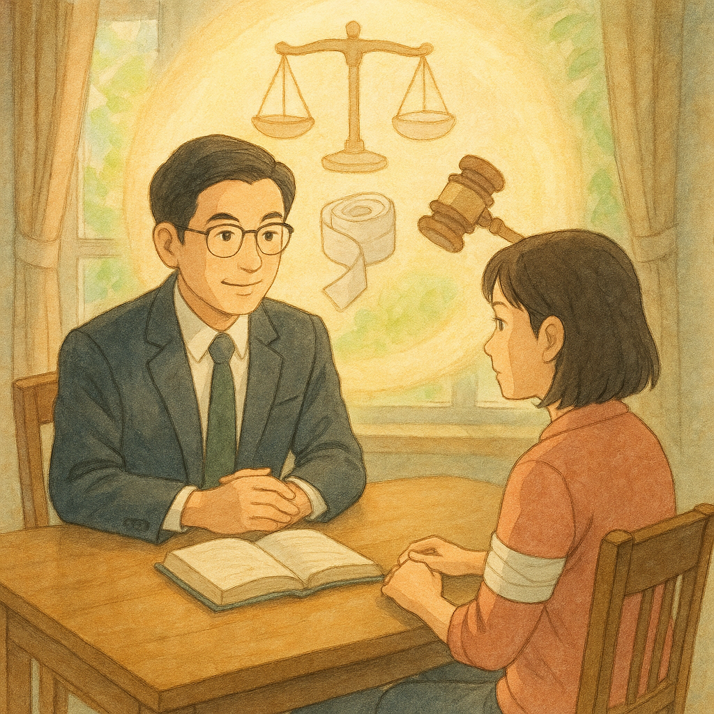 吉卜力風高解析插畫：溫暖自然光下，台灣律師與當事人於木桌諮詢；天光化作守護光暈，天平、繃帶與法槌等象徵環繞，手繪質感、柔和色調、無文字，寓意傷害罪結論與修復。